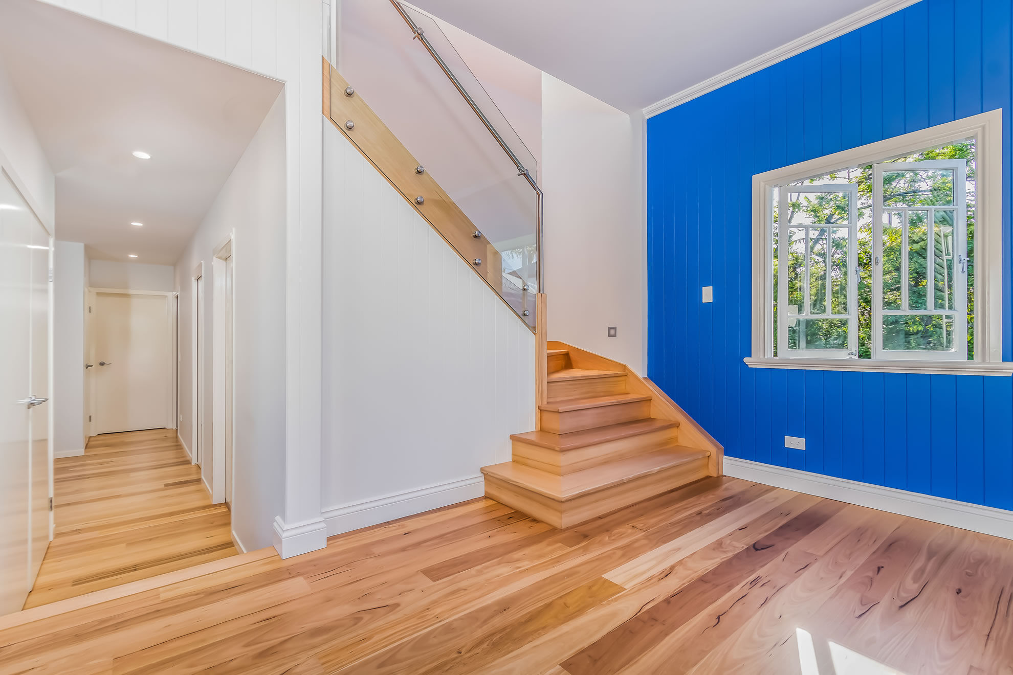 Stairs-glass balustrade-timber floor