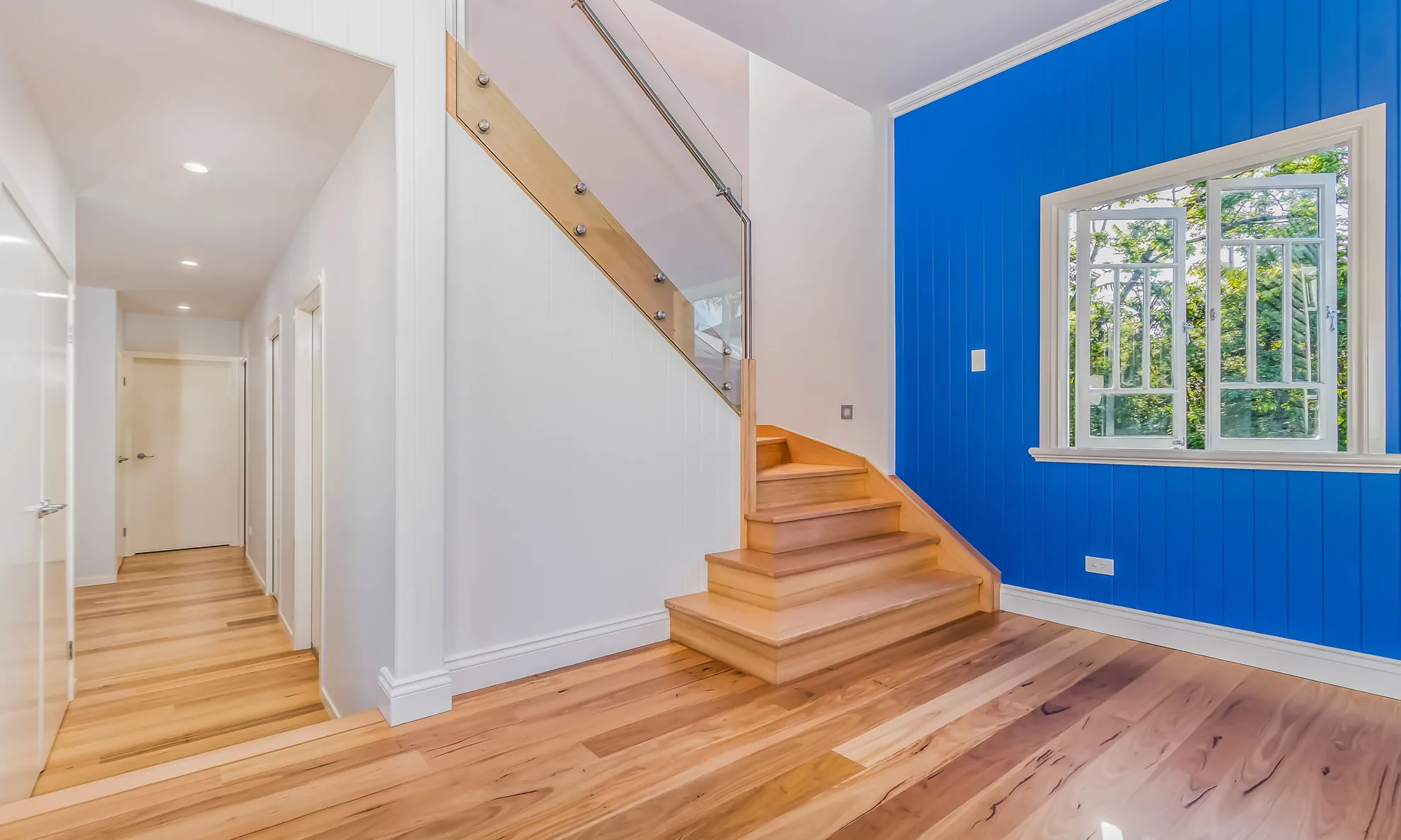 Stairs-glass balustrade-timber floor