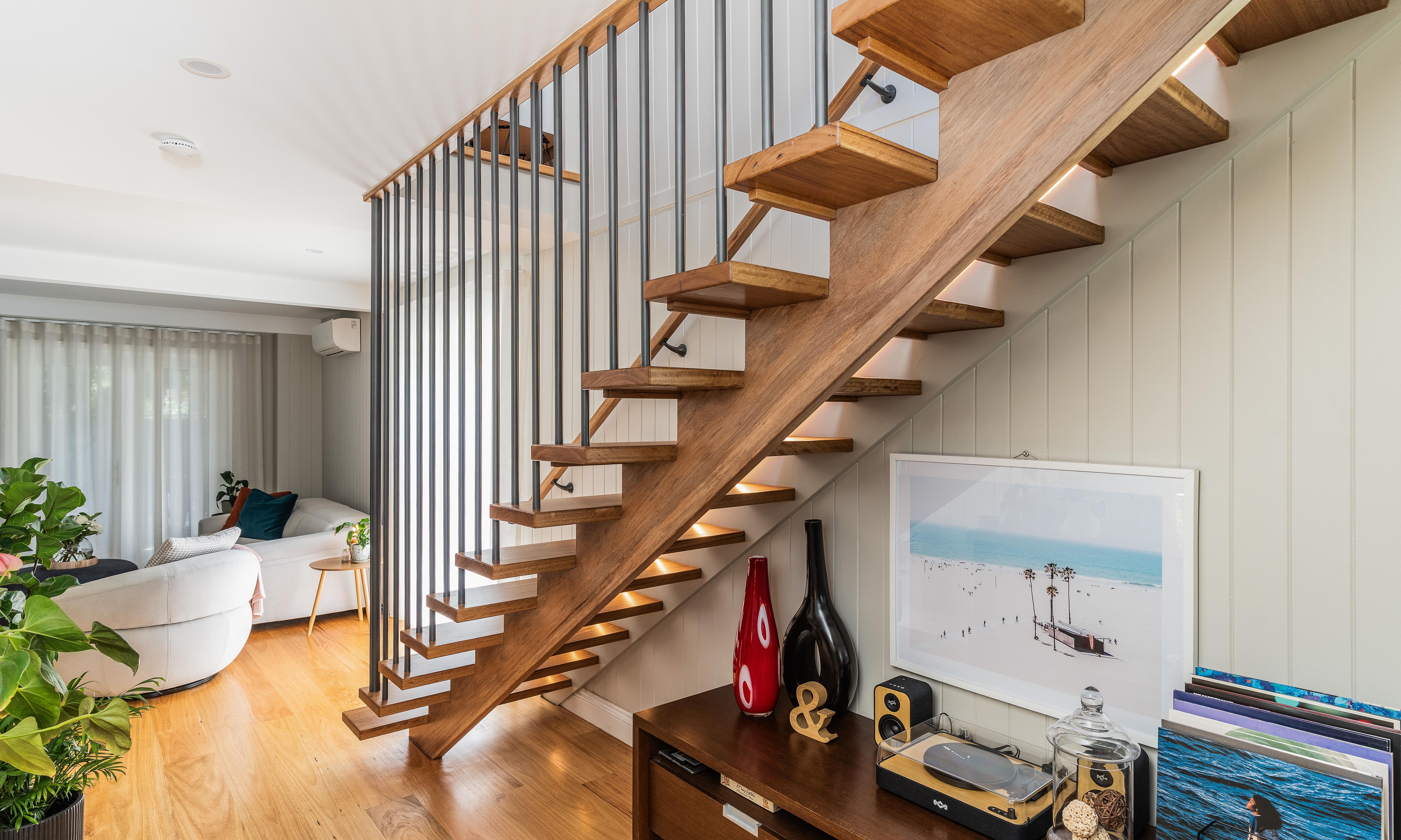 Blackbutt stairs, LED ligthing, gunmental grey balustrade - Byrnes St