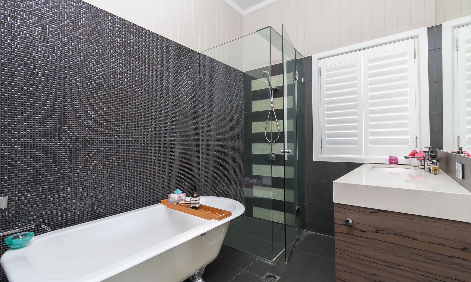 bathroom-clawfoot bath-mosaic tiles-splashback-vanity-shutters