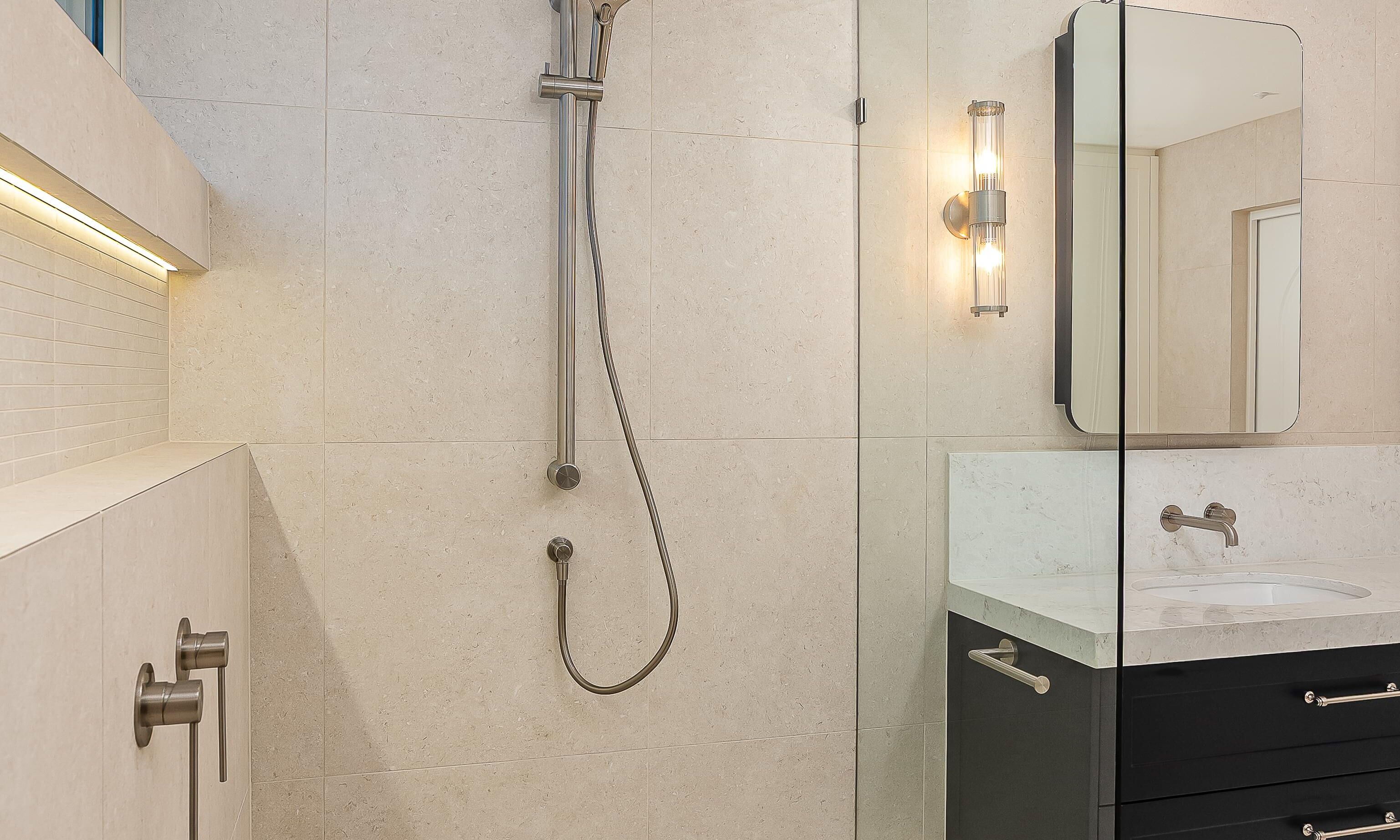 Beckenham ensuite vanity with large shower, floor to ceiling tiles