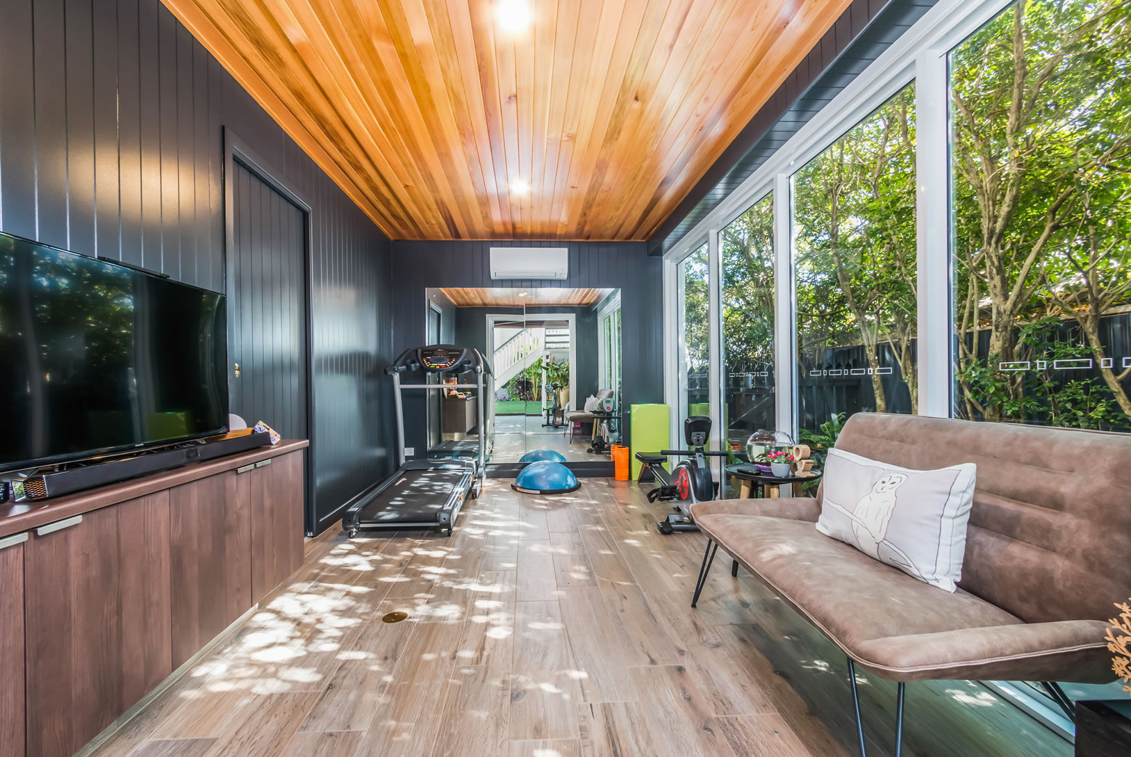 Home Gym-tiles,VJ Walls-Cedar linings-black walls