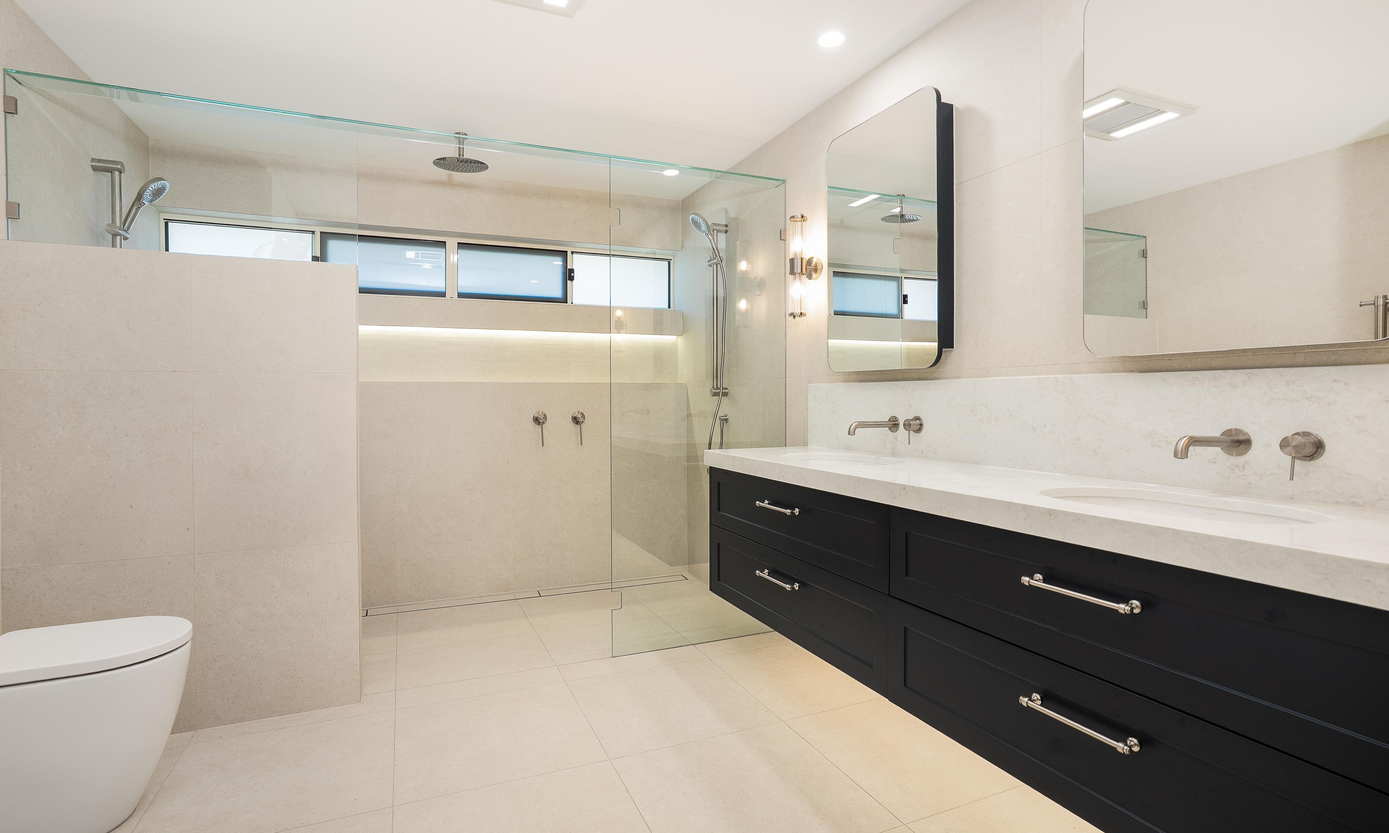 Beckenham Double Vanity, stone top with fascia, mirrored cabinets, 