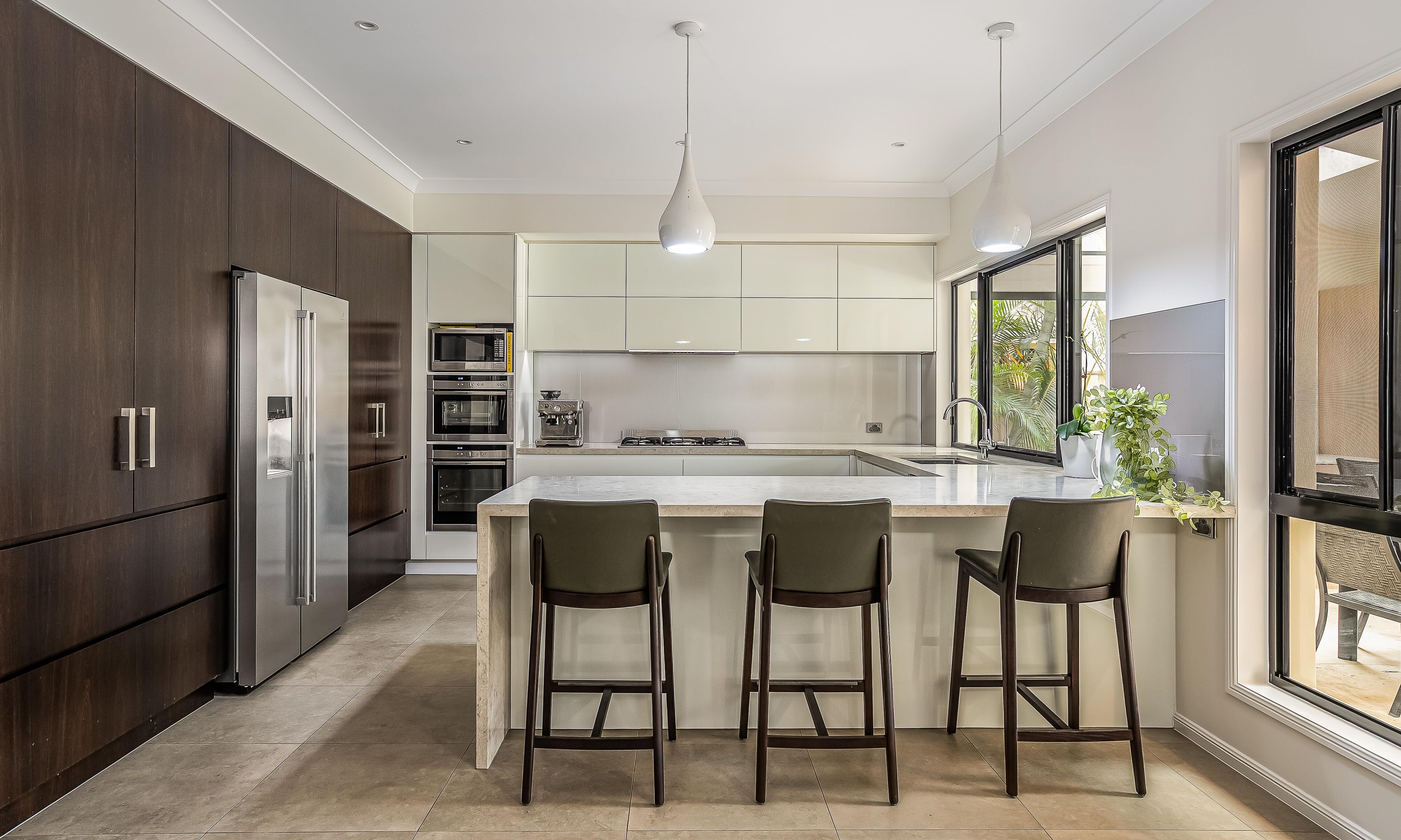 Sweetapple - Kitchen, white cabinety, timber feature cabinets, Caesarstone