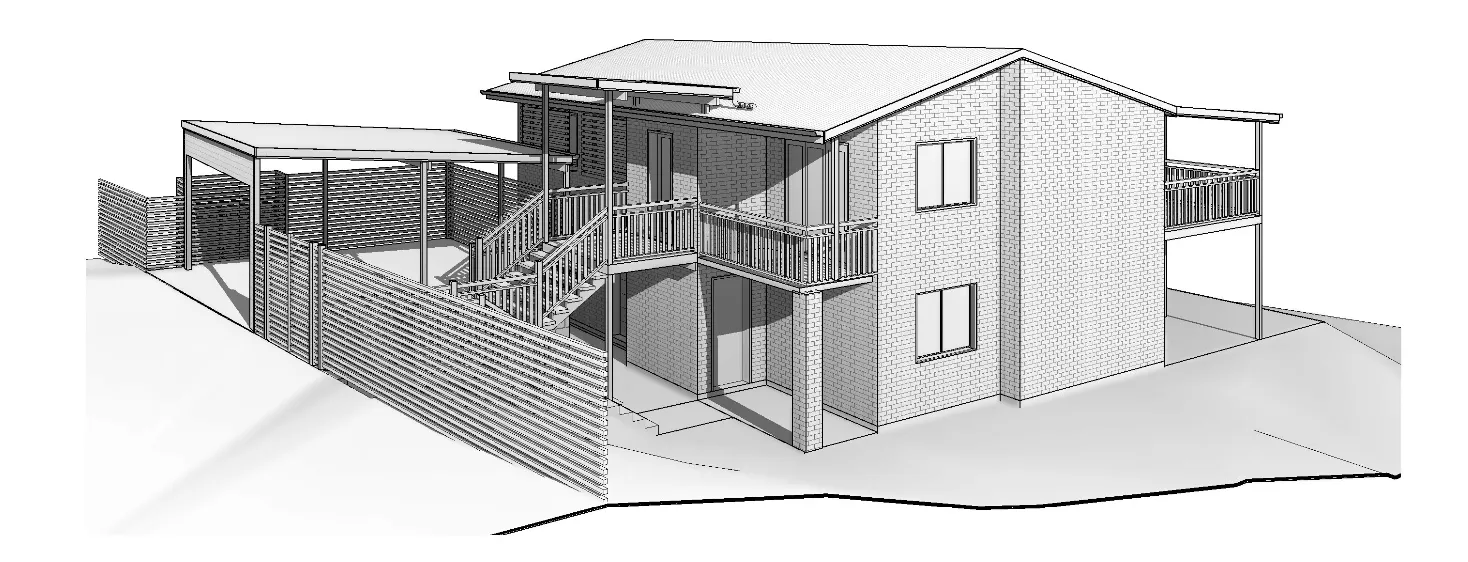 Plans 3D render front house and fence Arana Hills