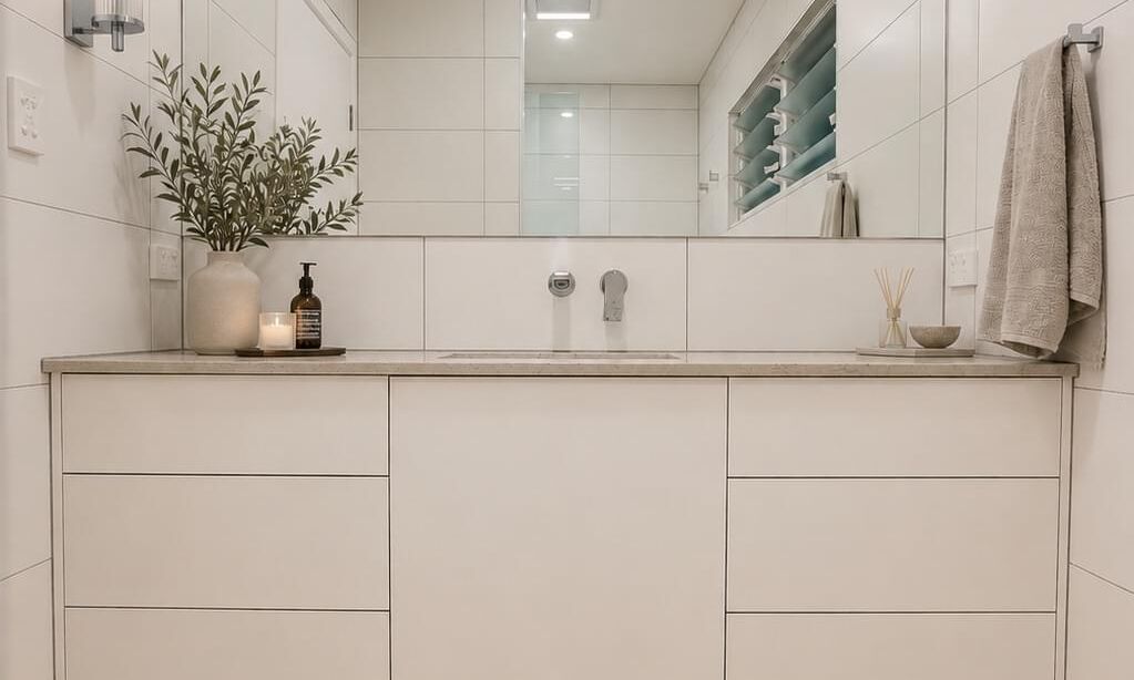 Gimba St, Bathroom, floating vanity, oversized mirror, led strip lighting 2