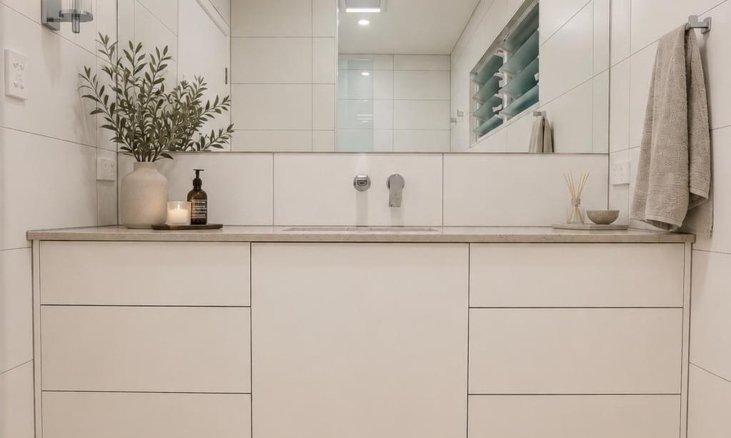 Gimba St, Bathroom, floating vanity, oversized mirror, led strip lighting 2