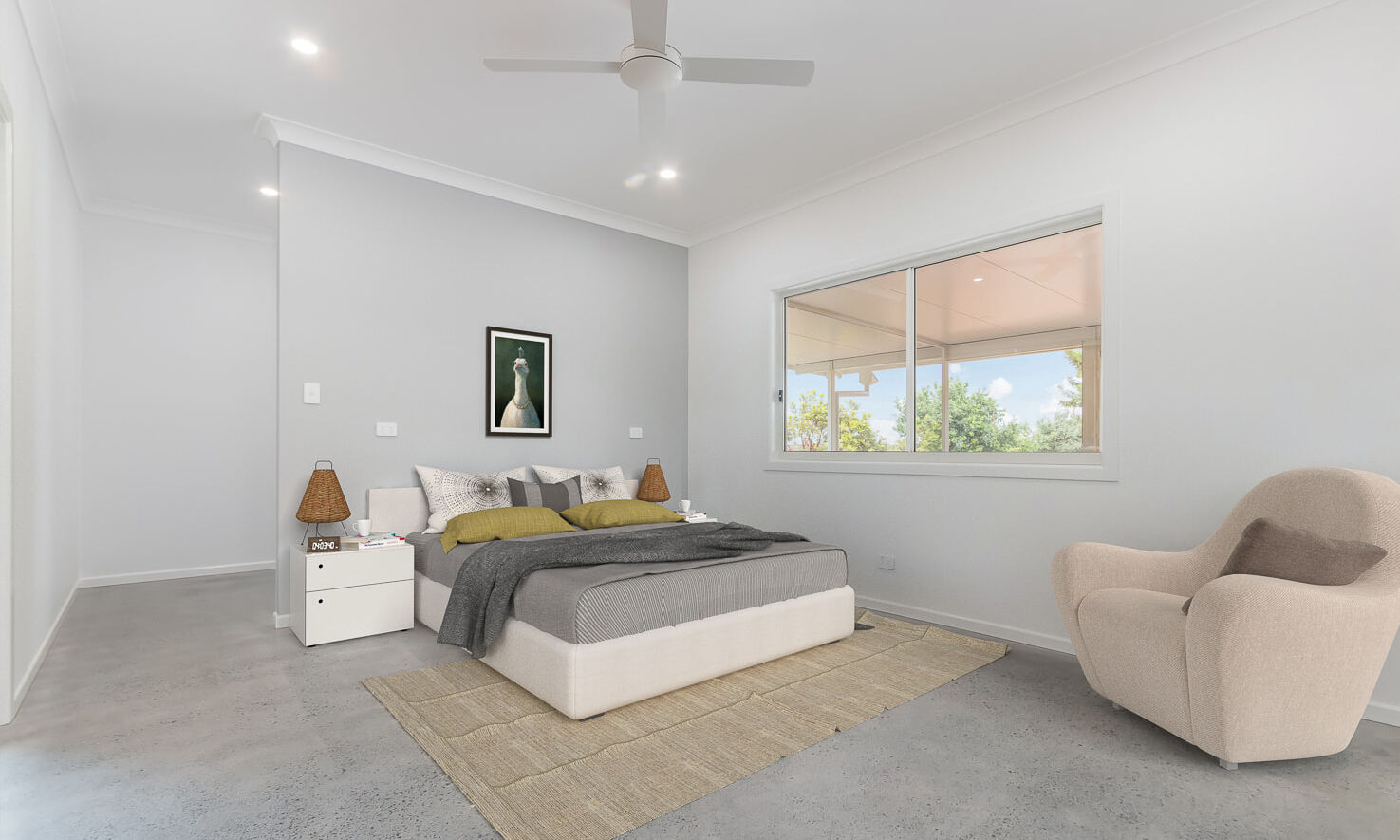 Bedroom with polished concrete floors