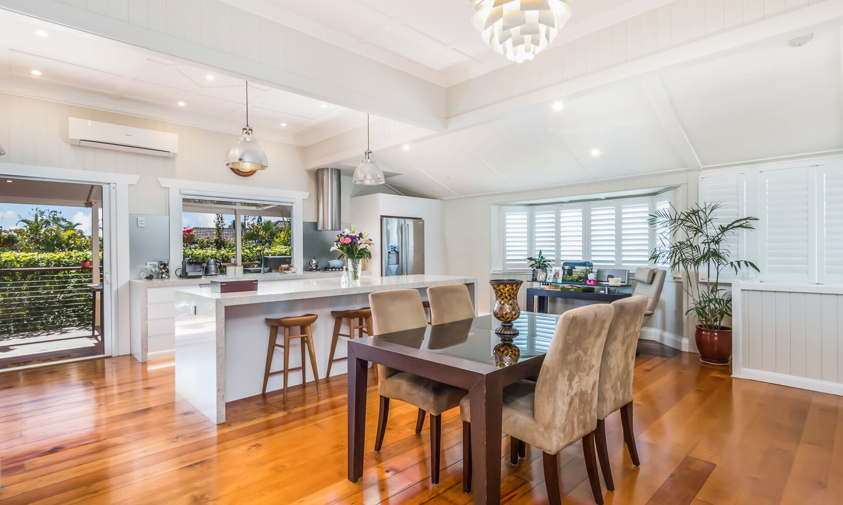 kitchen- VJ Walls-60mm stone tops-gas lift window-timber floors