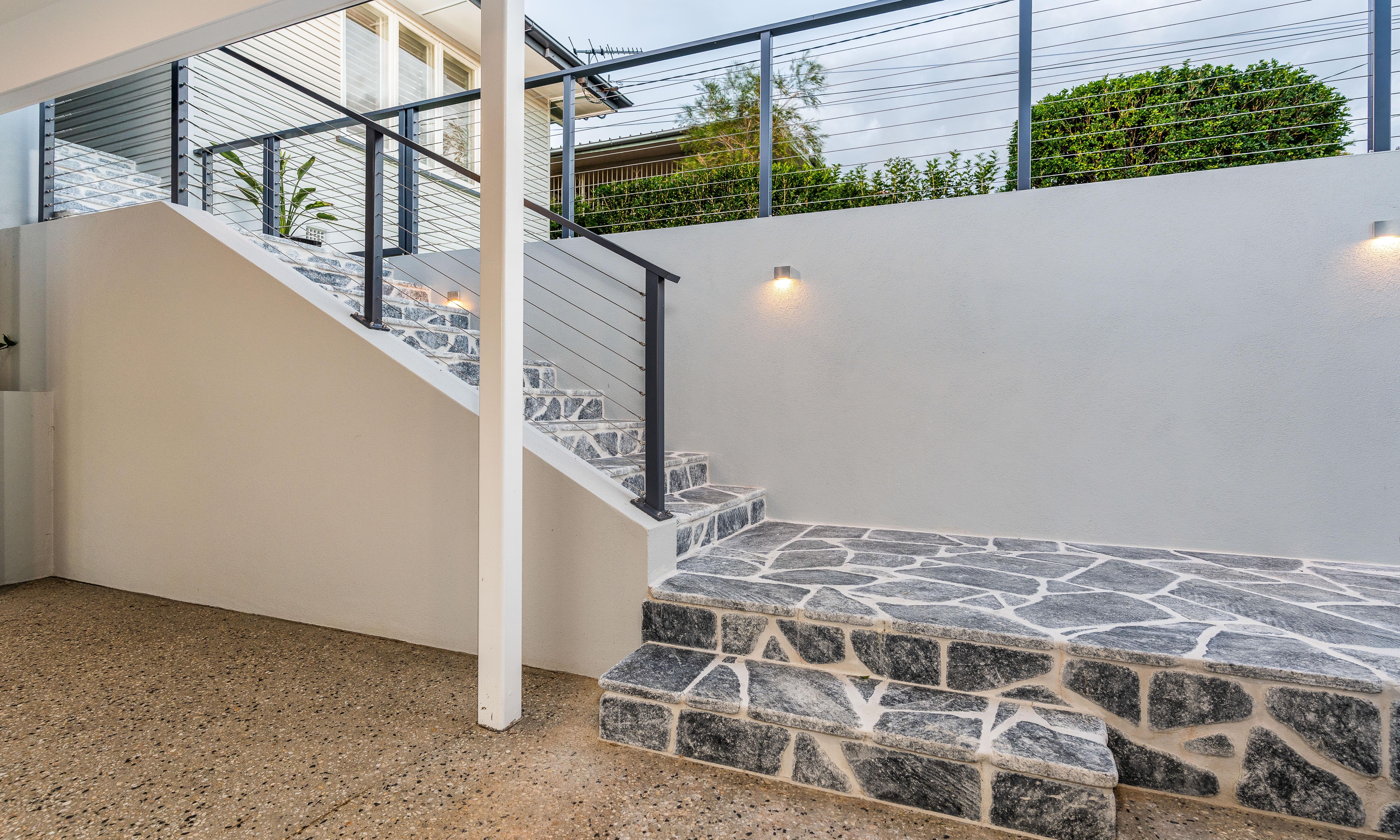 Tarraingdi Entry Stair, Crazy Pave stone Tiles and Wire Balustrade