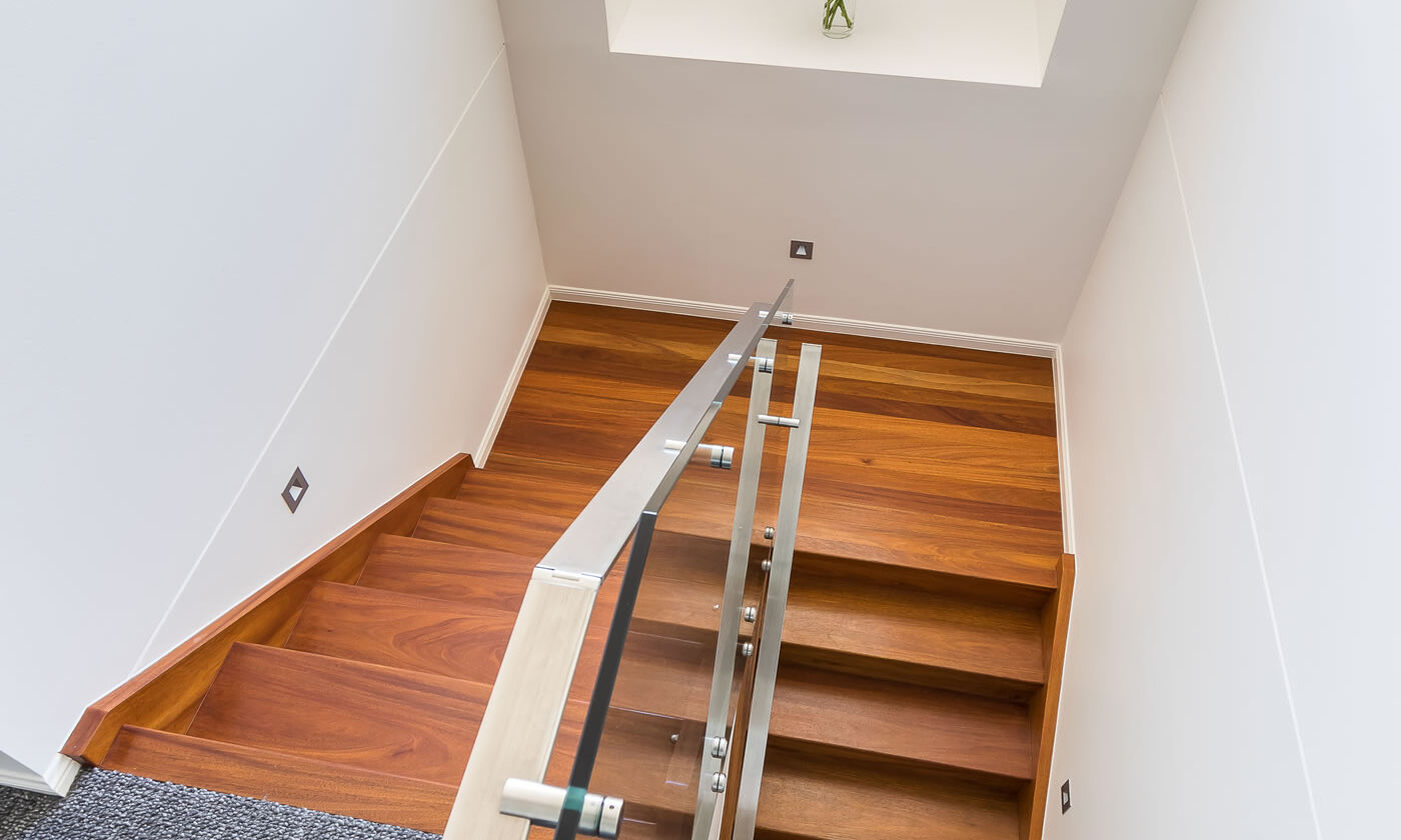 Timber Stairs-carpet-stainless steel handrail-glass balustrade