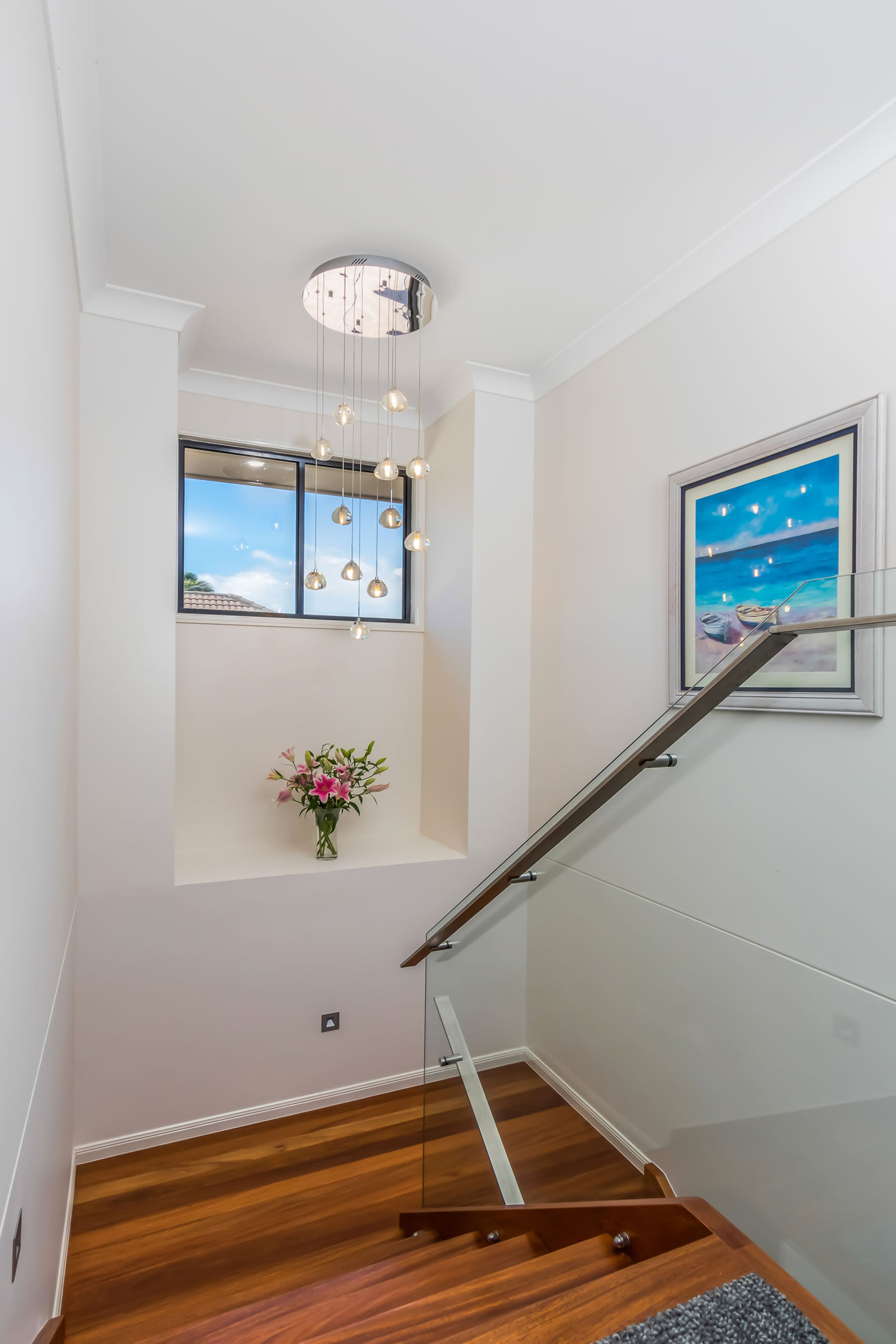 Timber Stairs-pendant light-glass balustrade