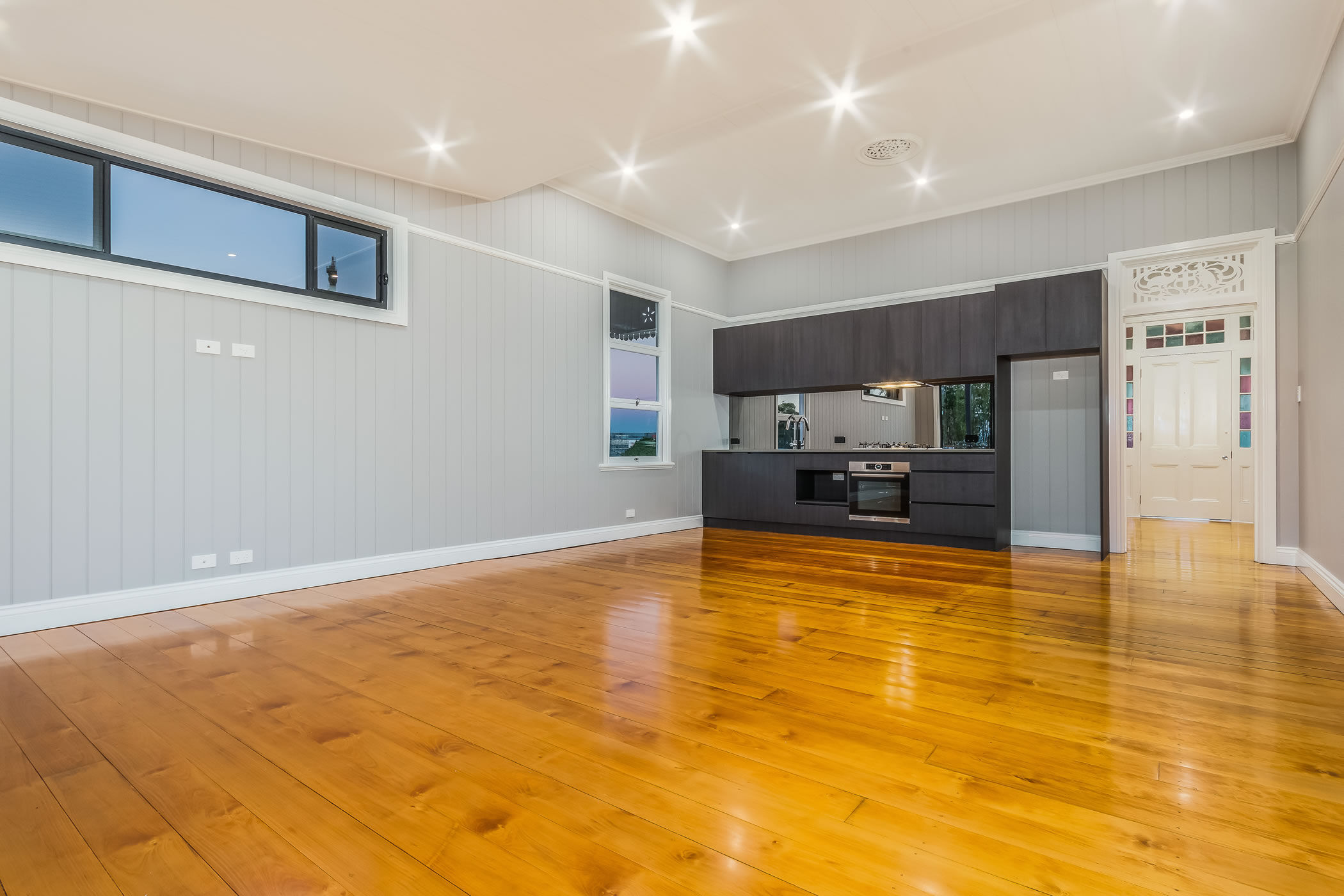 Kitchen and front entry to traditional Queenslander renovation