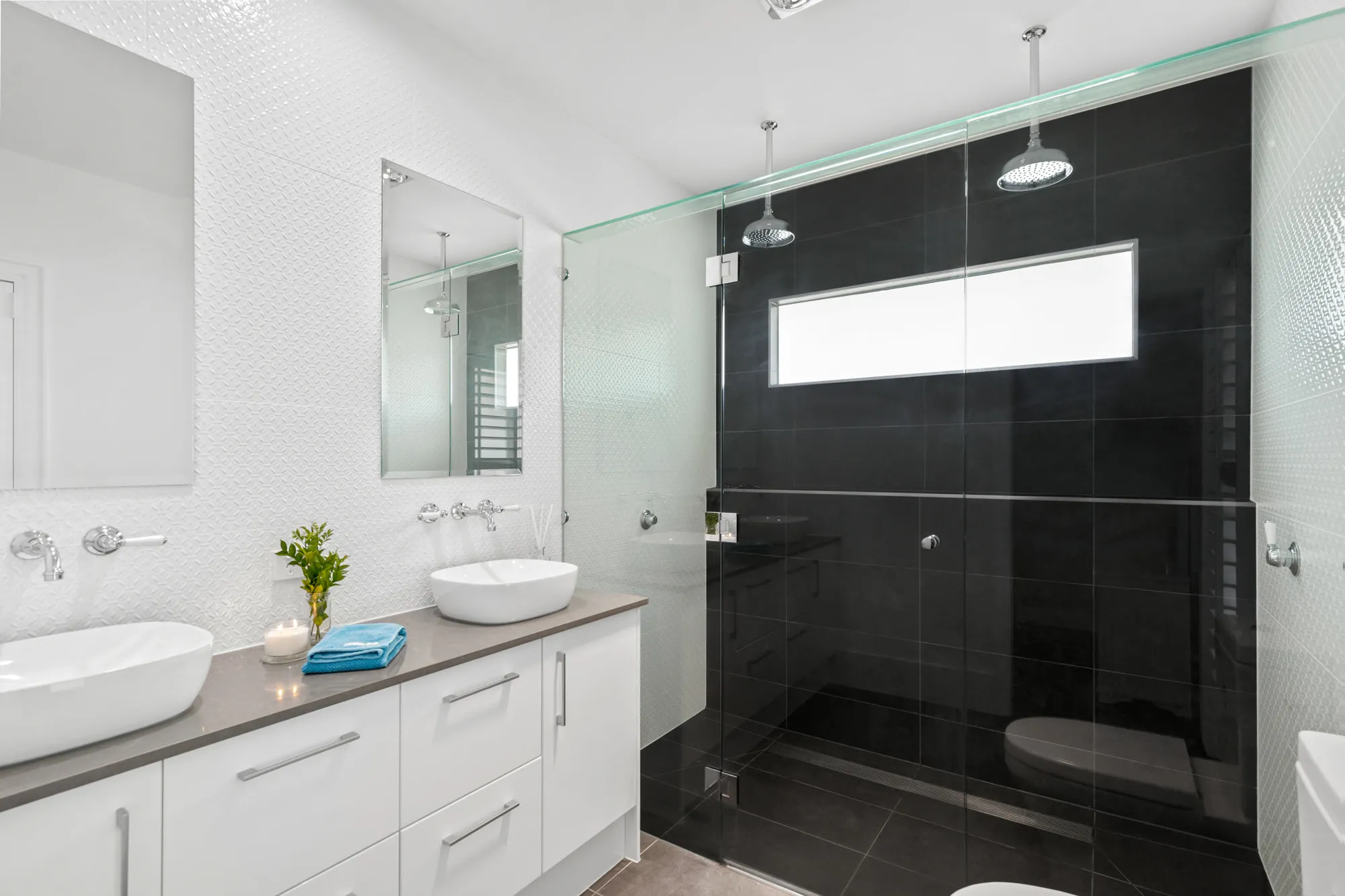 Double Rain Shower-bathroom-white tiles