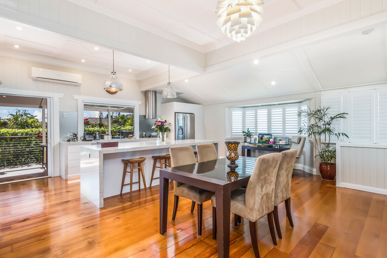 kitchen- VJ Walls-60mm stone tops-gas lift window-timber floors