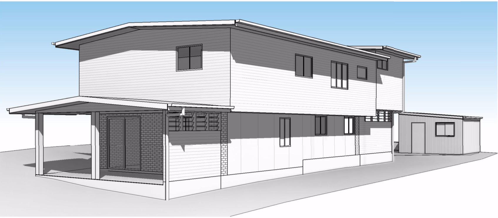 Plans showing 3D render two storey house