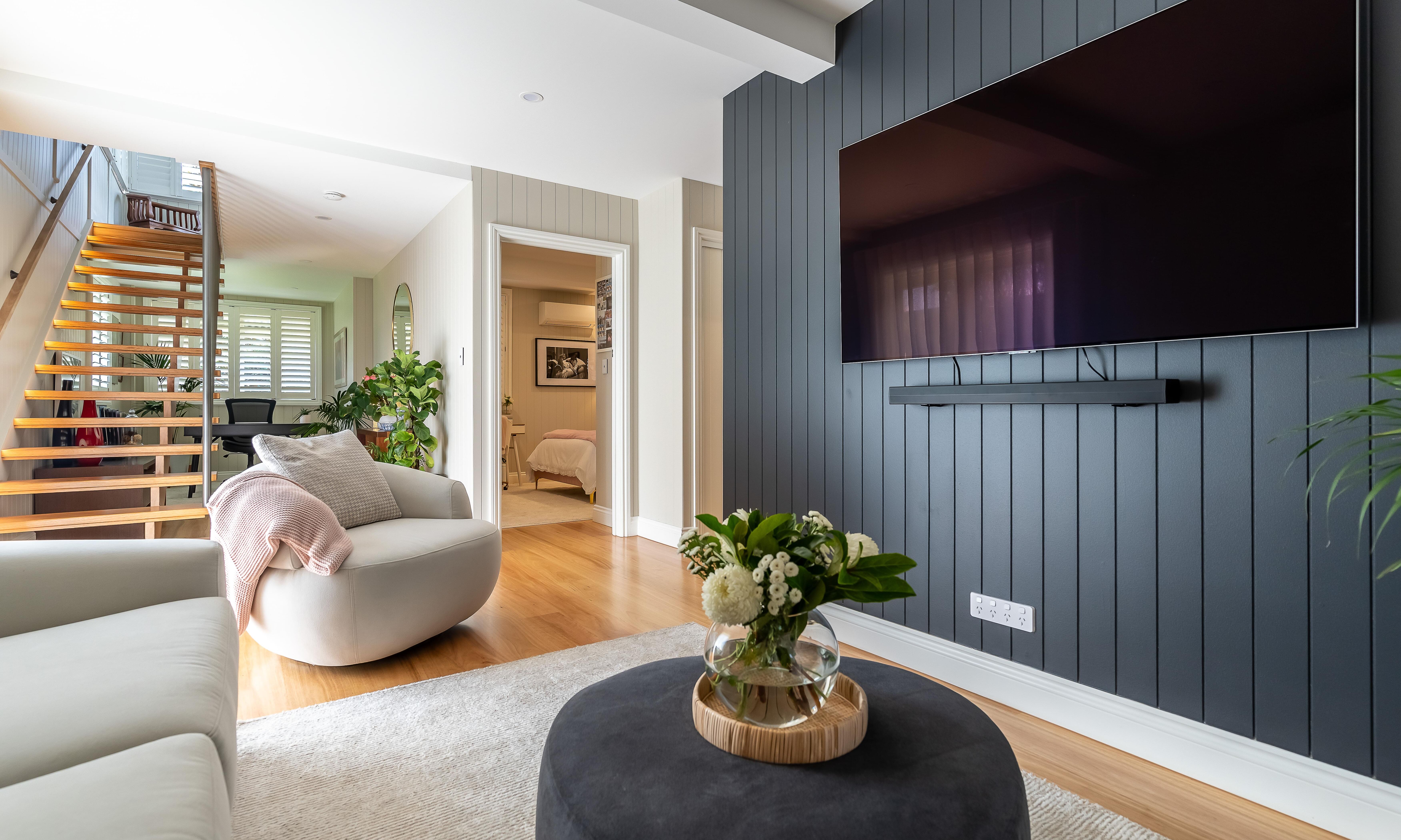 Lounge room, stairs, VJ walls - Byrnes ST