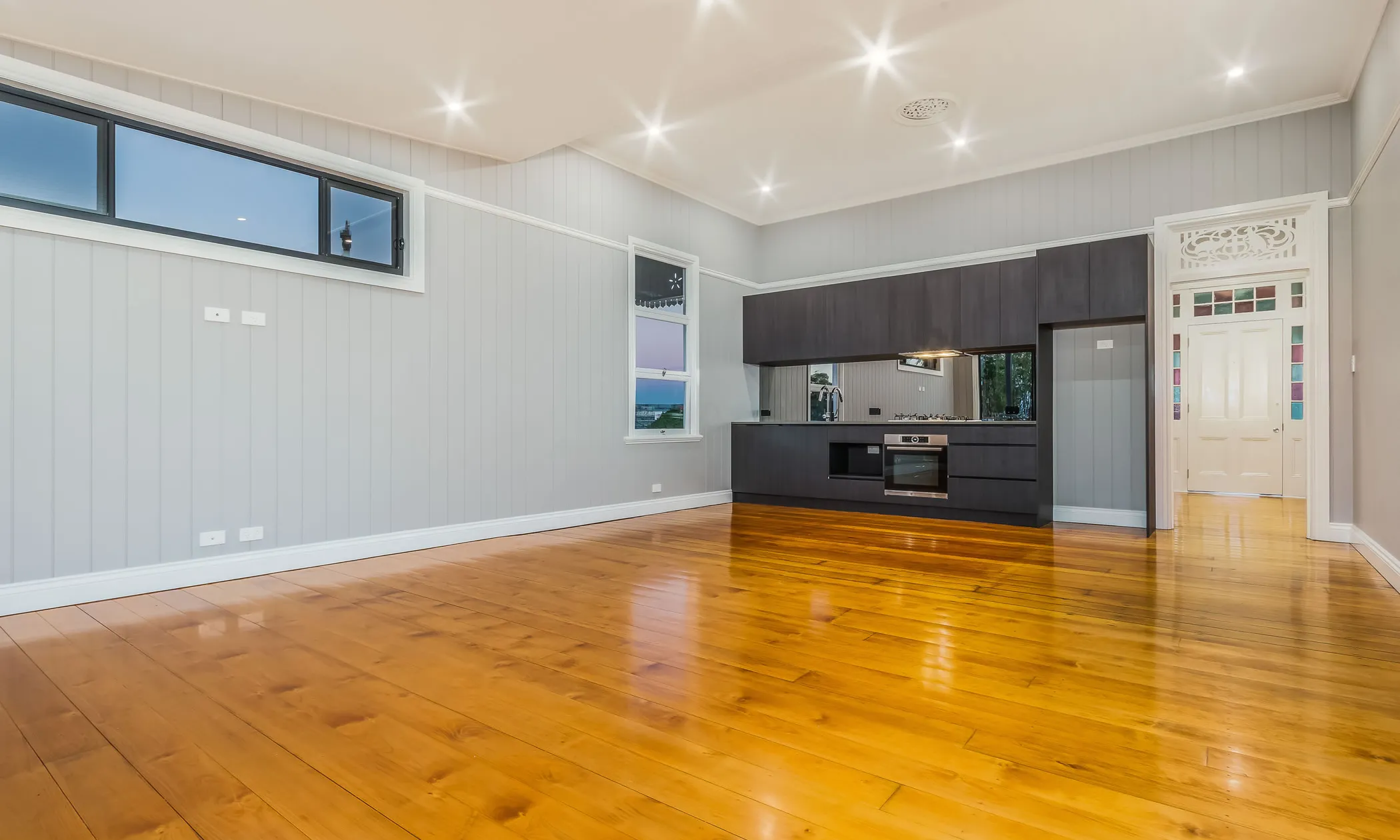 Kitchen and front entry to traditional Queenslander renovation