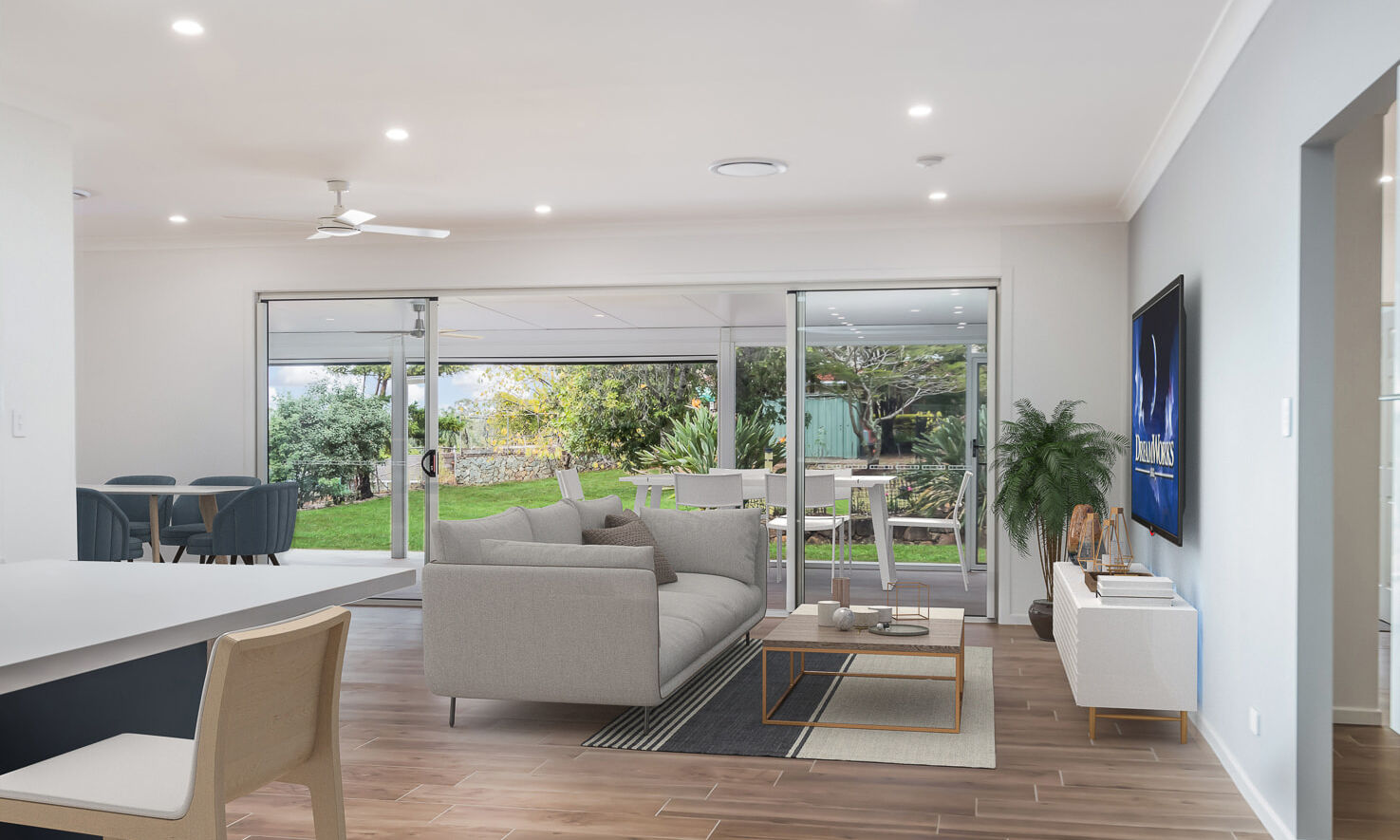 Living room with timber plank tiles