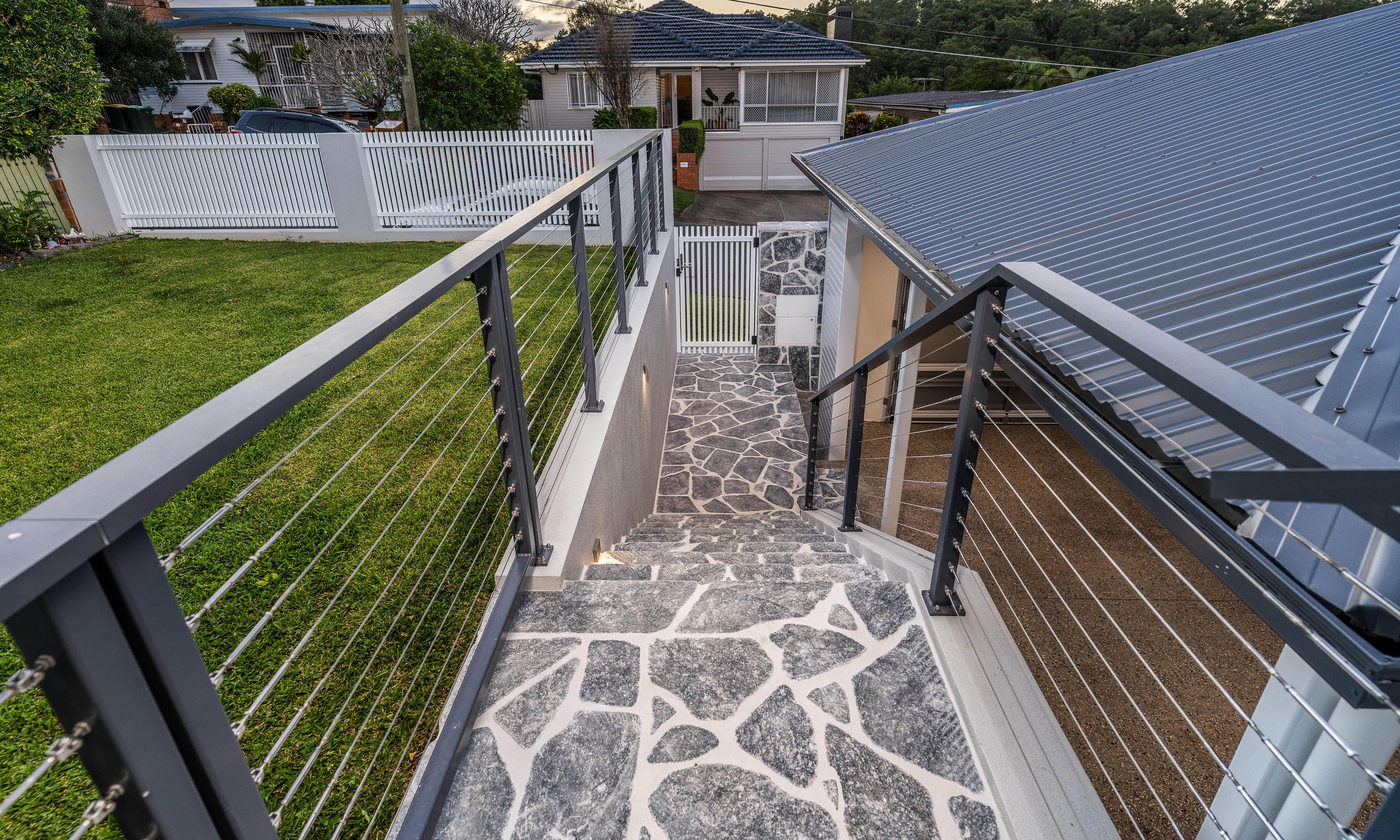 Tarragindi Front entry, aluminium and wire balustrade 