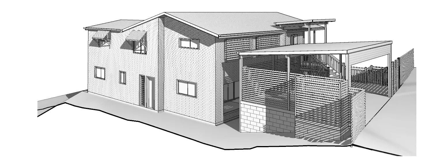 Plans 3D render side house and fence Arana Hills
