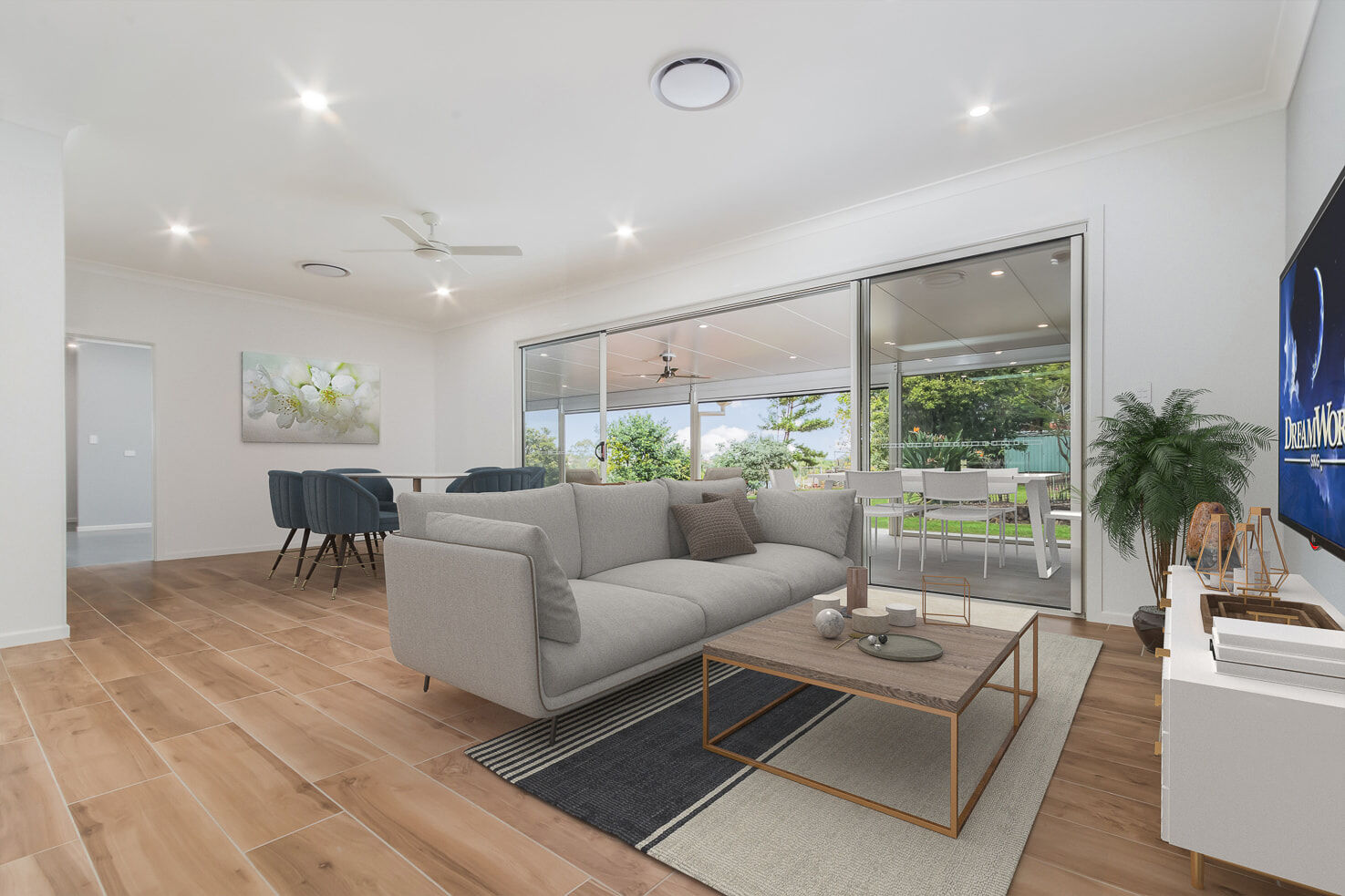 Living and Dining with plank tiles on floor