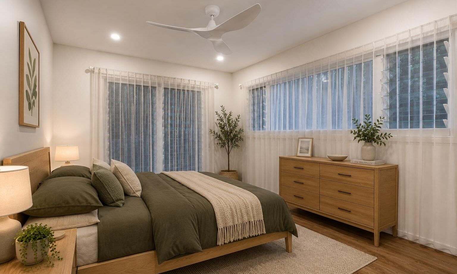 Gimba St, Bedroom, louvred windows, sheer curtains