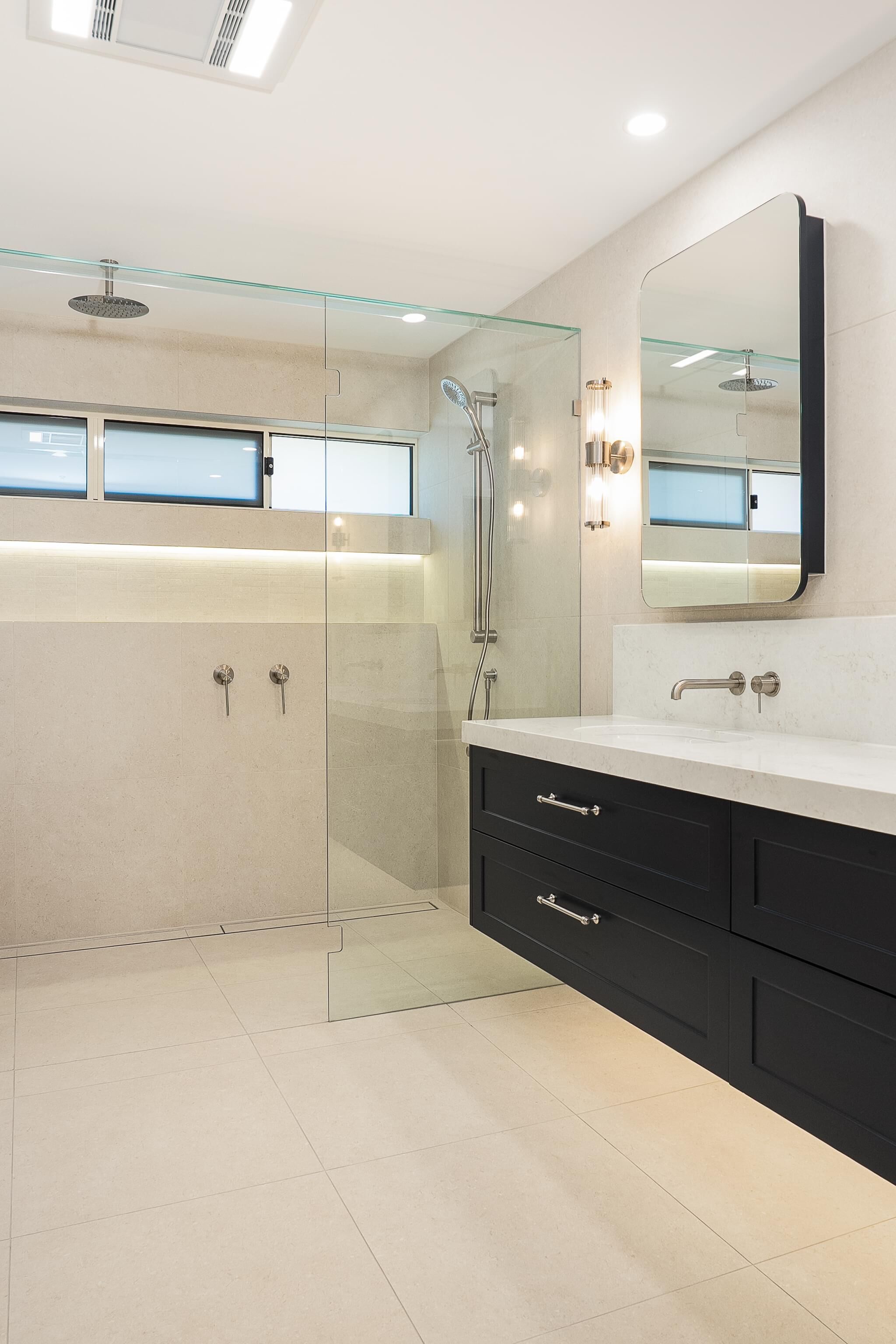 Beckenham Double Vanity, stone top with fascia, mirrored cabinets, 