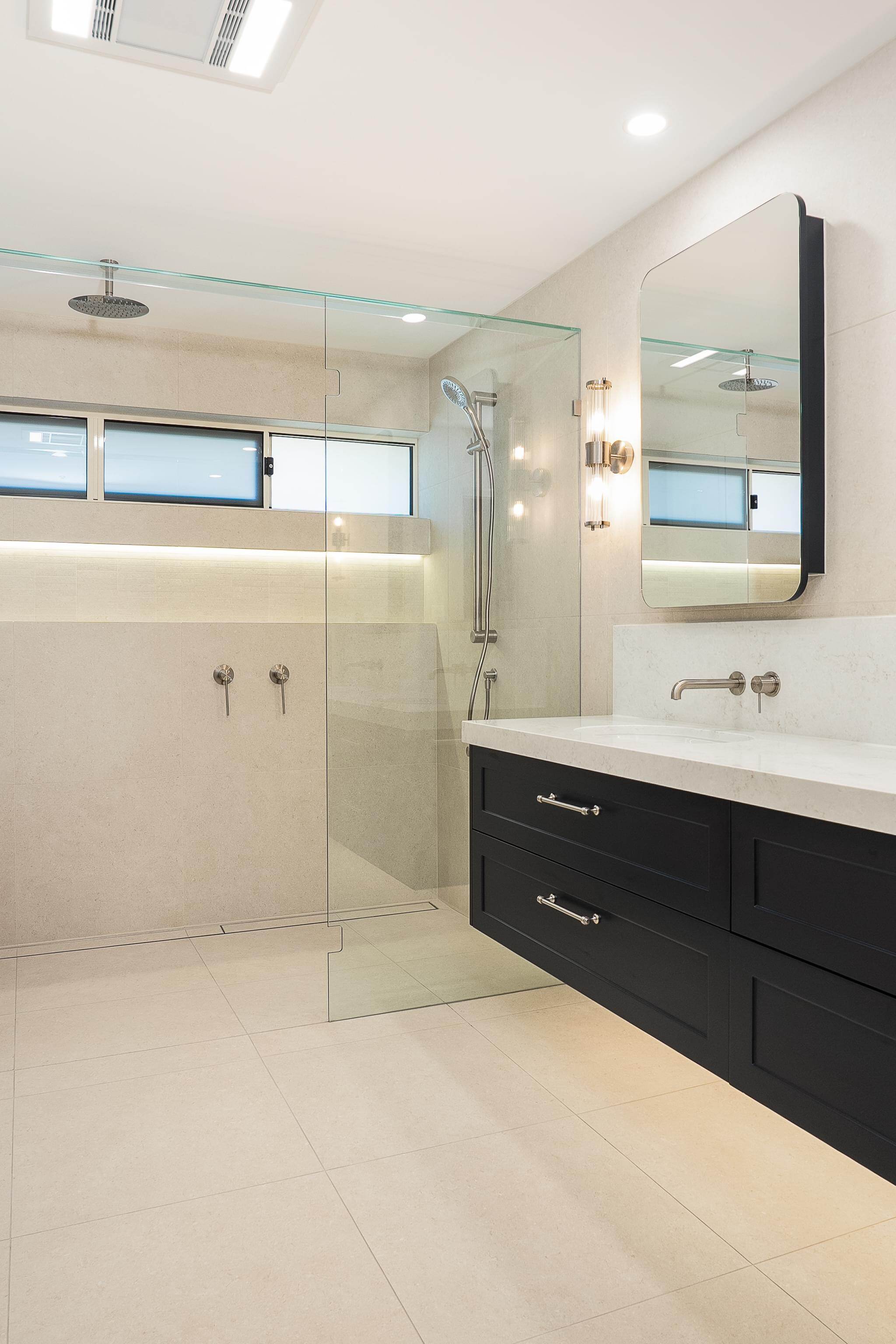 Beckenham Double Vanity, stone top with fascia, mirrored cabinets,