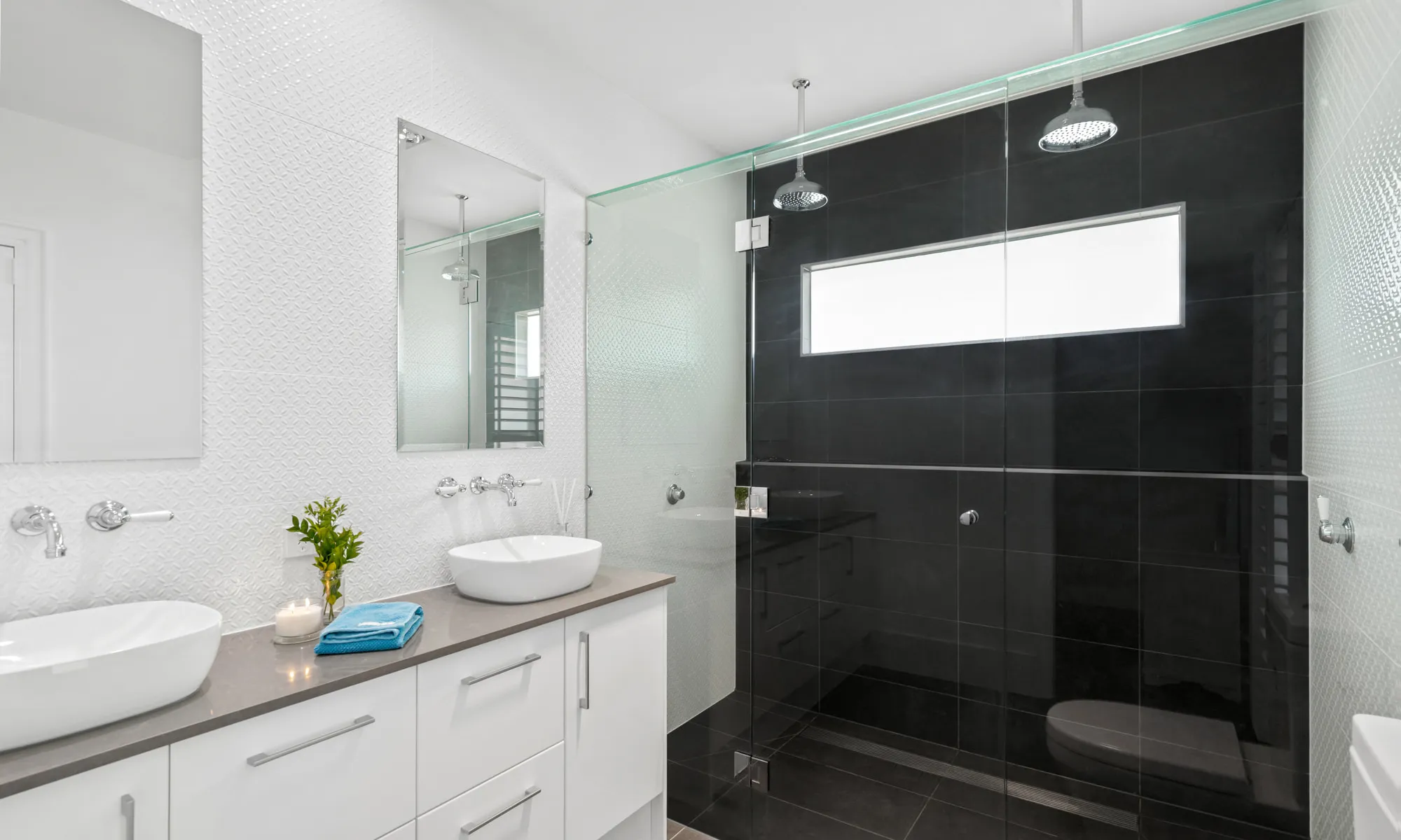 Double Rain Shower-bathroom-white tiles