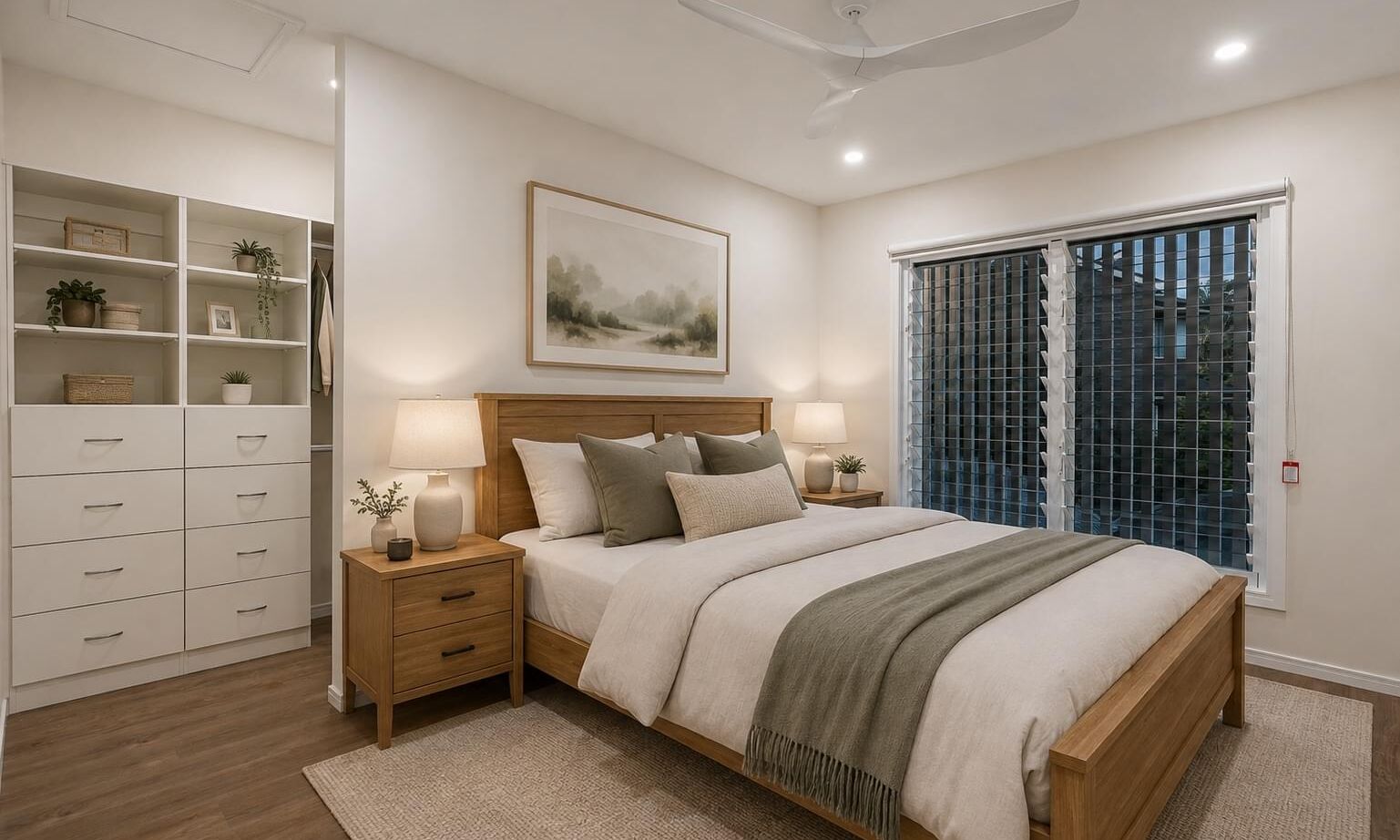 Gimba St, Bedroom with robe, louvred windows, sheer curtains