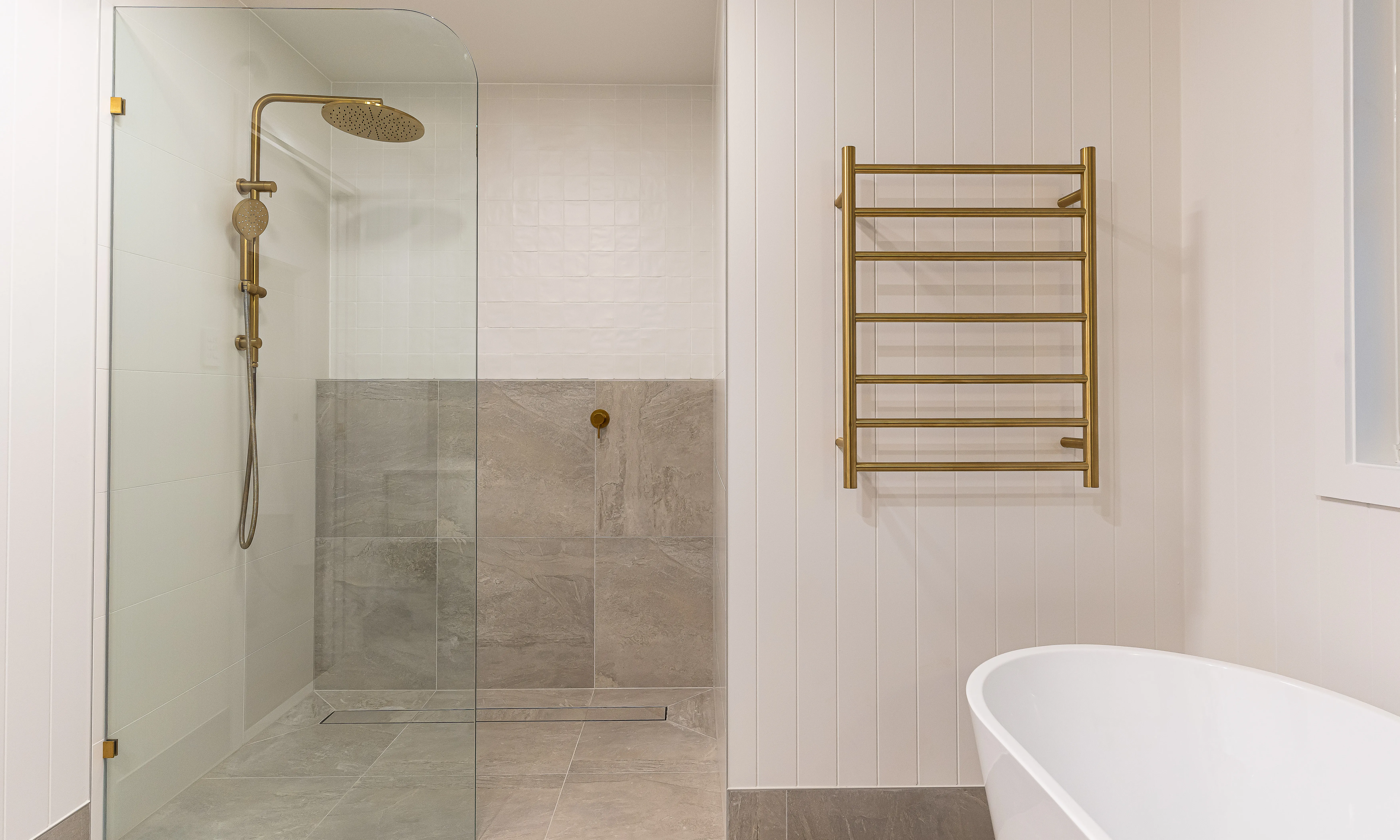 Bathroom-Curved Shower Screen-brushed brass 