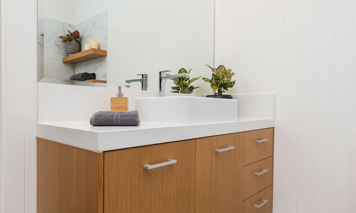 Bathroom Renovation-VJ walls-marble tiles-timber vanity