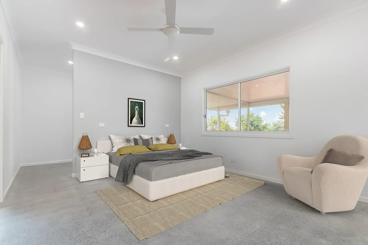 Bedroom with polished concrete floors