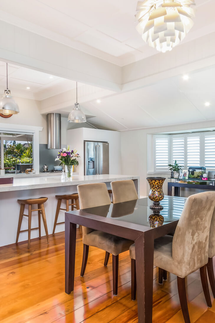 kitchen- VJ Walls-60mm stone tops-gas lift window-timber floors