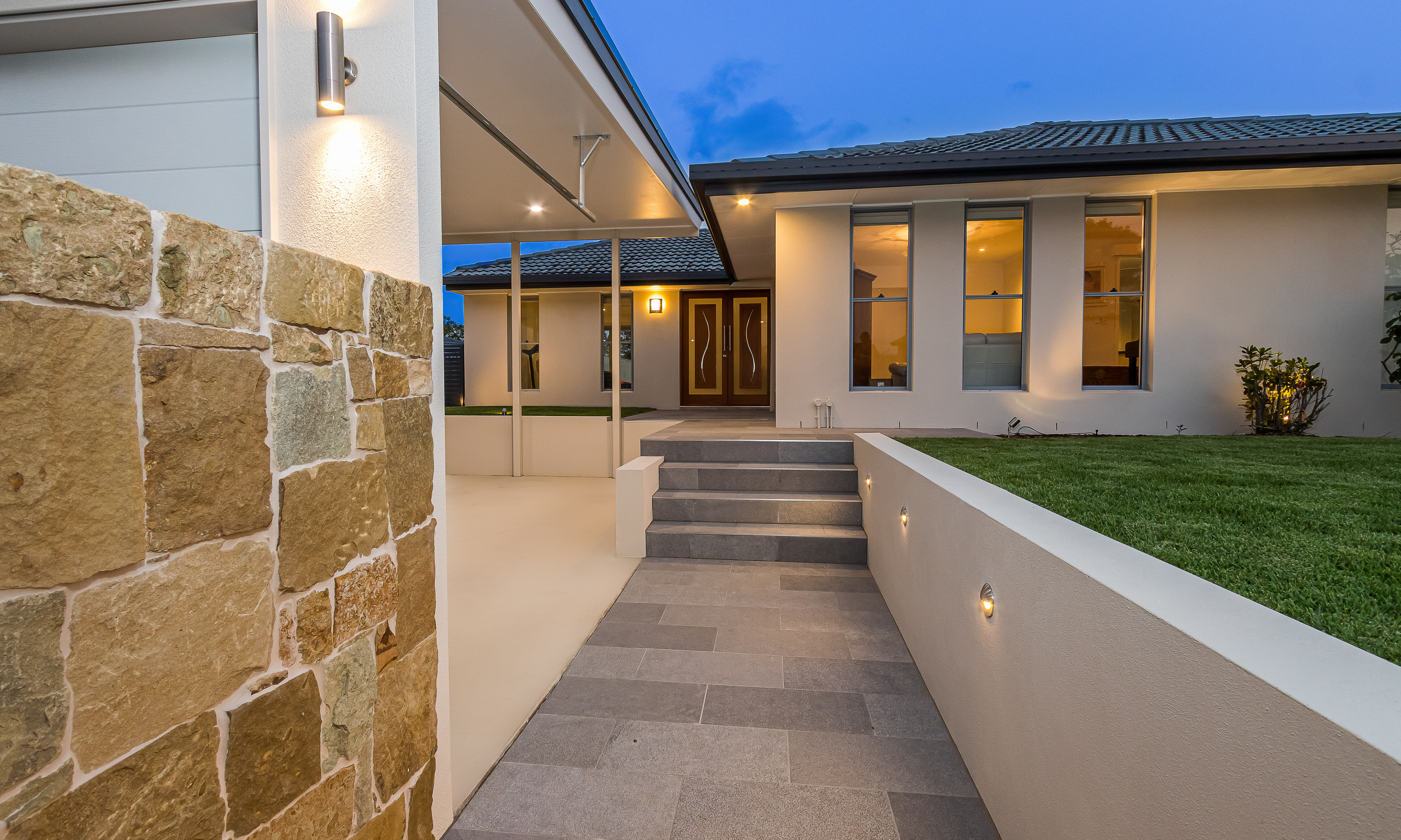 Updown lights, feature tiled pathway