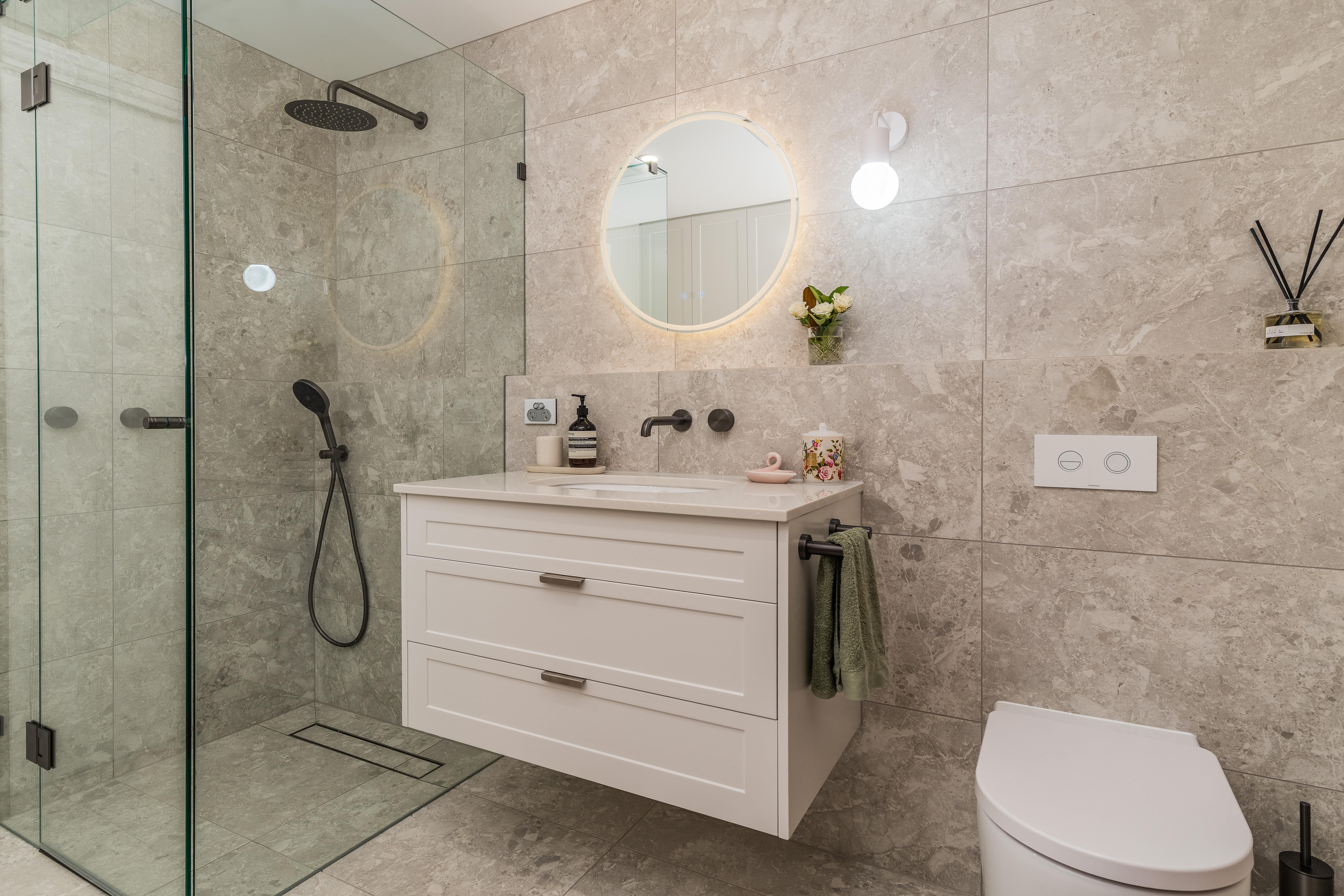 Frameless glass shower, inwall toilet suite, feature light, wall light, full height tiles - Byrnes St