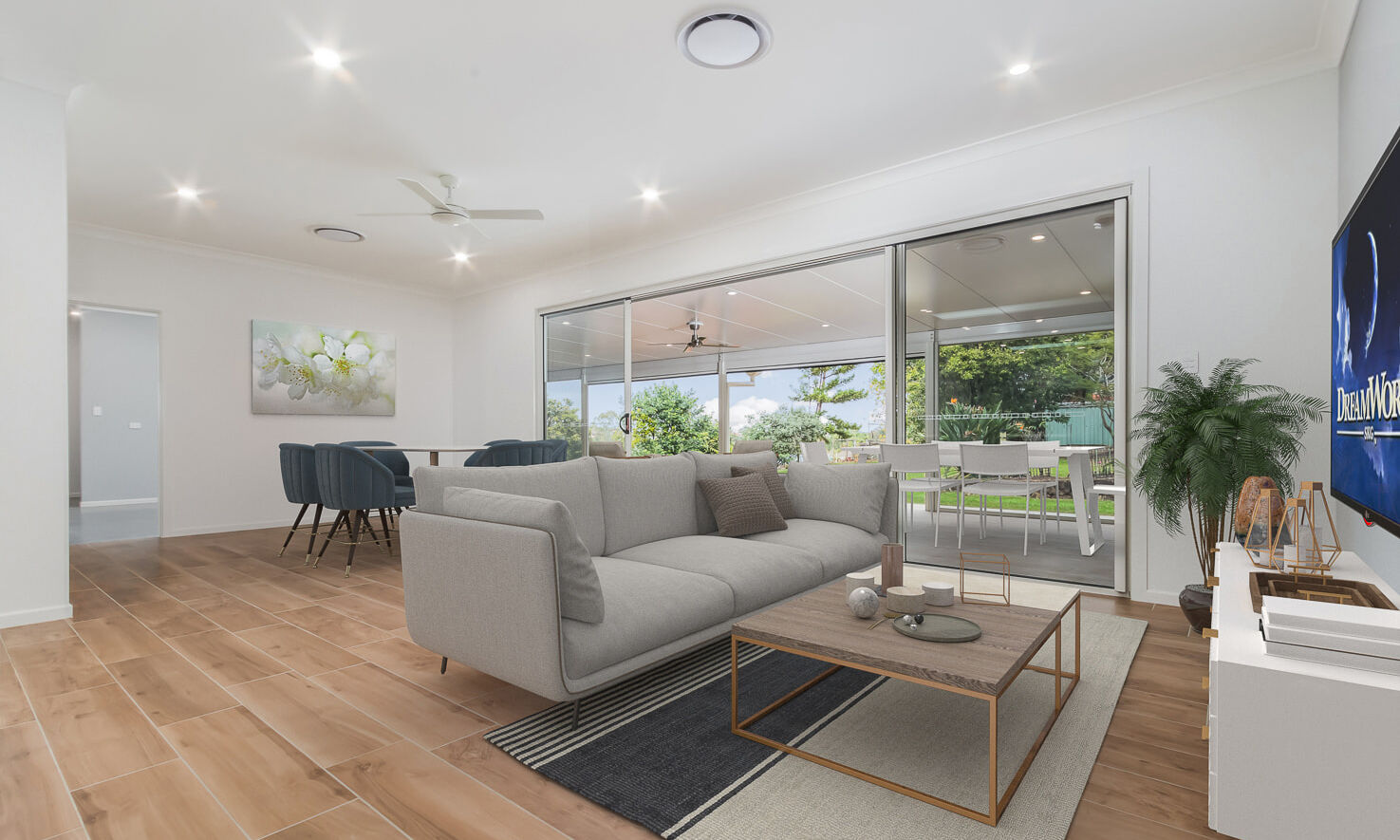 Living and Dining with plank tiles on floor