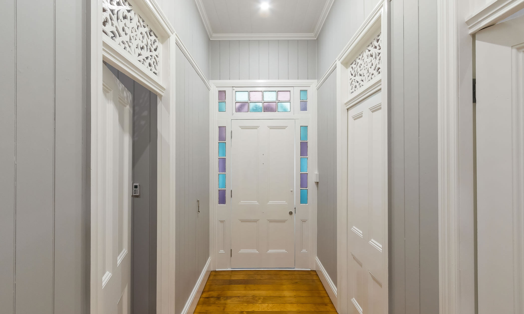 Front Entry Door Four Panel with Stained Glass Windows and VJ Panelling