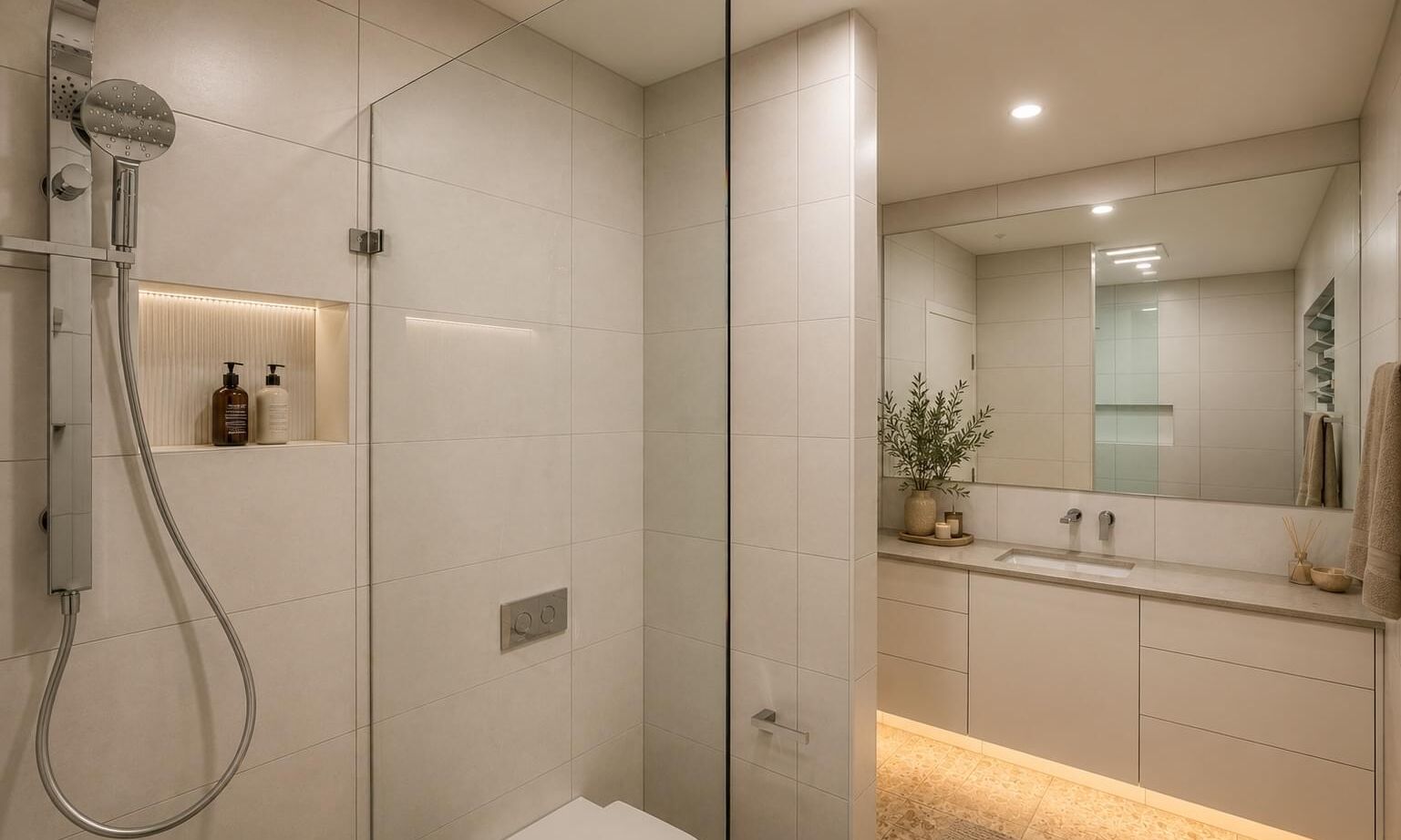 Gimba St, oversized mirror, feature floor tiles, floating vanity, LED Strip Lighting