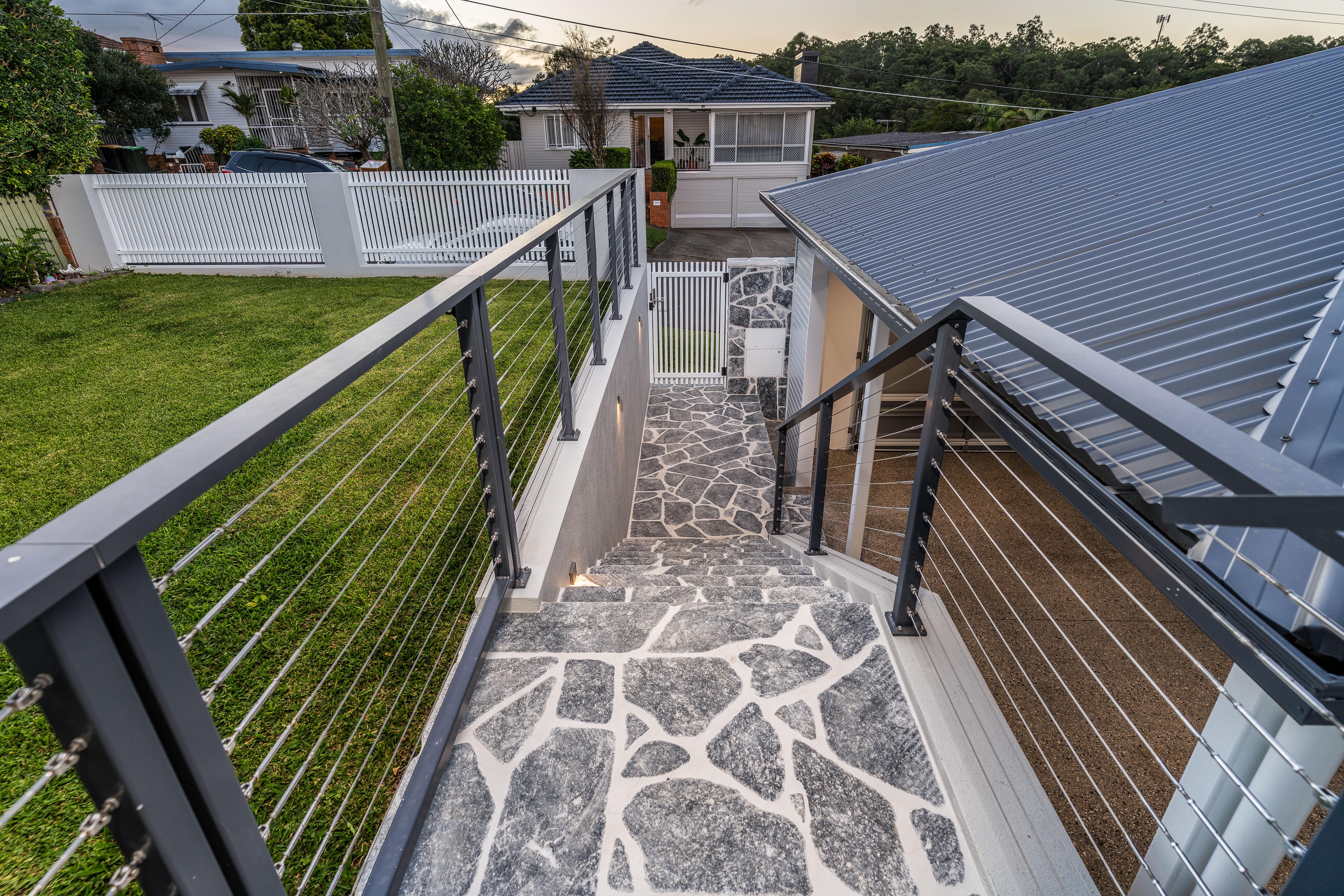 Tarragindi Front entry, aluminium and wire balustrade 