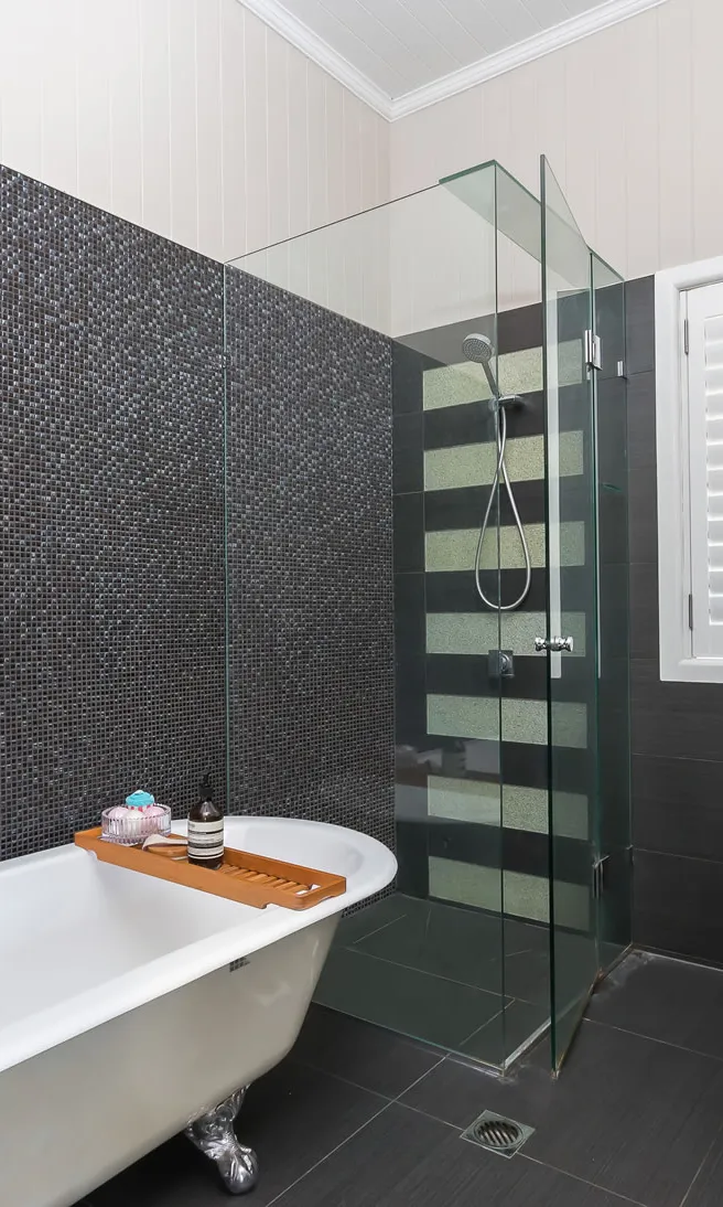 bathroom-clawfoot bath-mosaic tiles-splashback-vanity-shutters