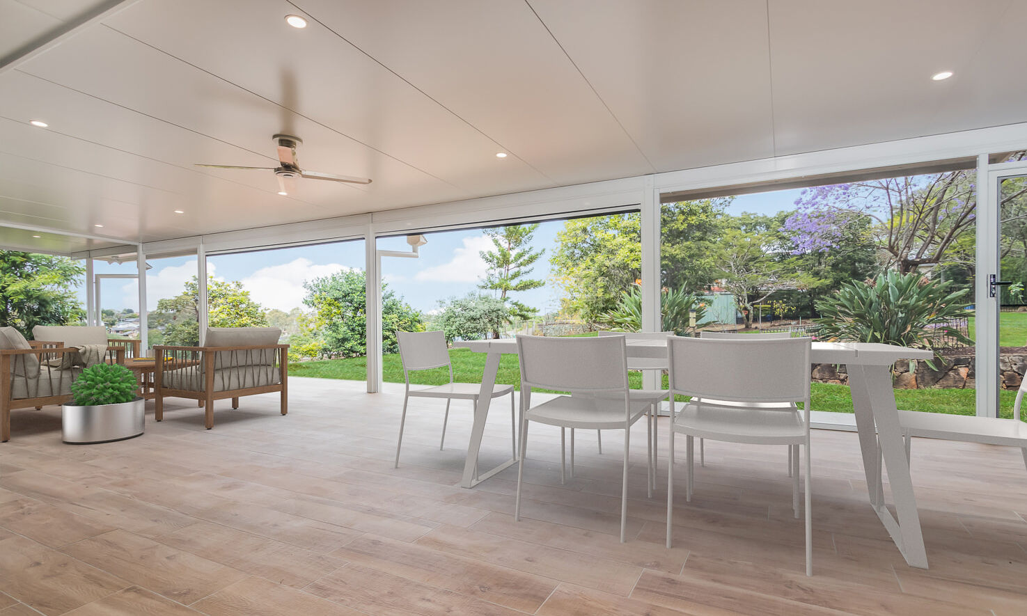 Patio with insulated roof and plank tiles on floor