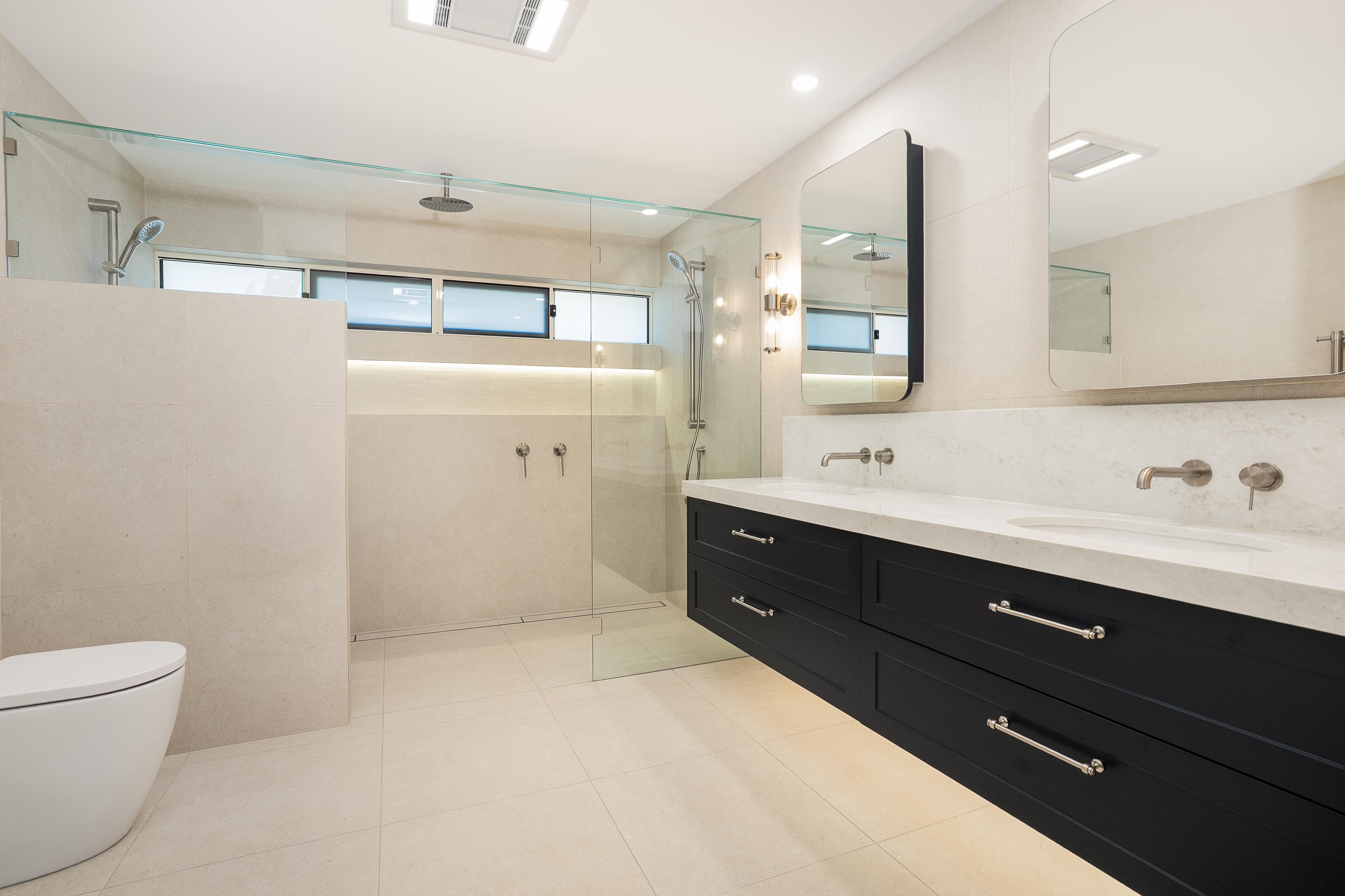 Beckenham Double Vanity, stone top with fascia, mirrored cabinets, 