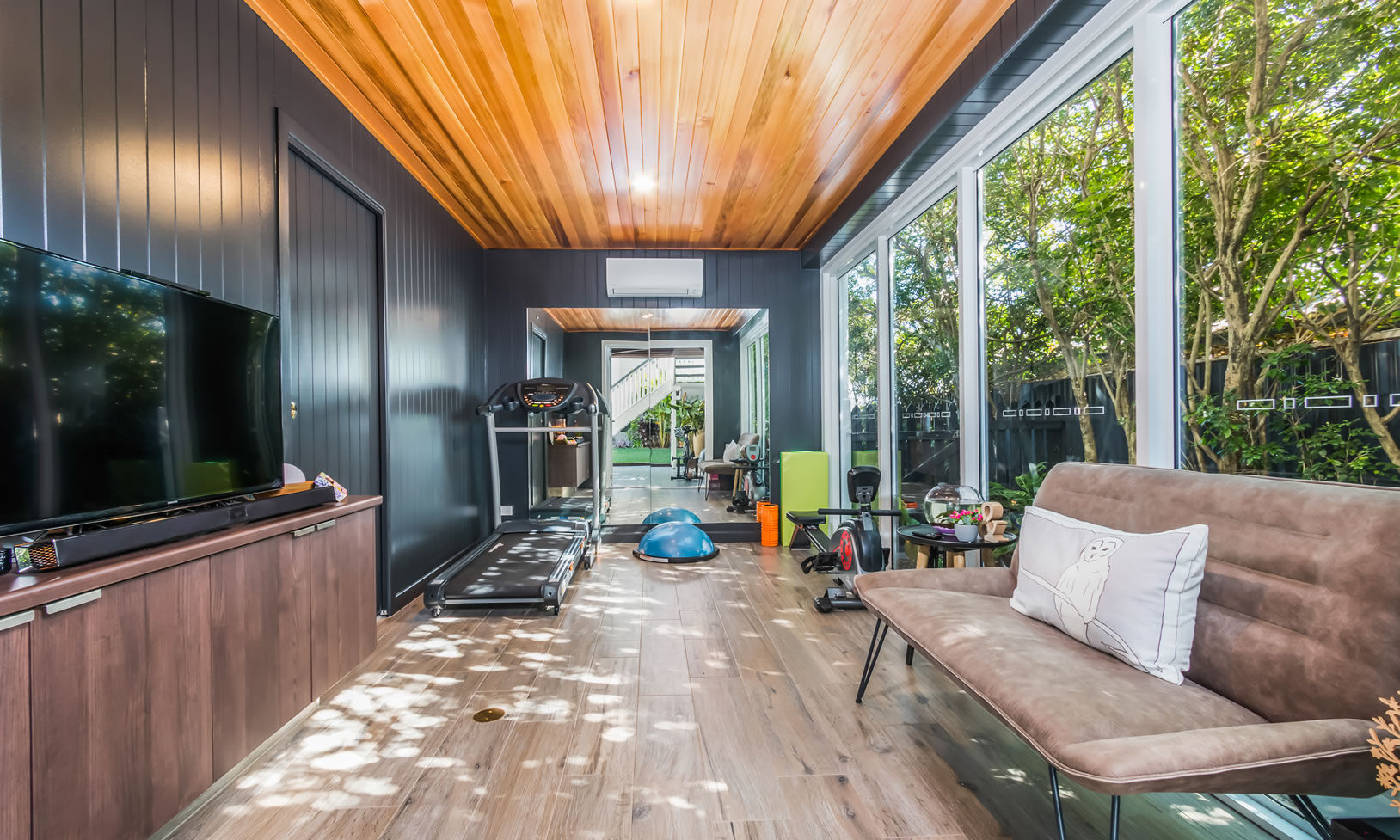 Home Gym-tiles,VJ Walls-Cedar linings-black walls