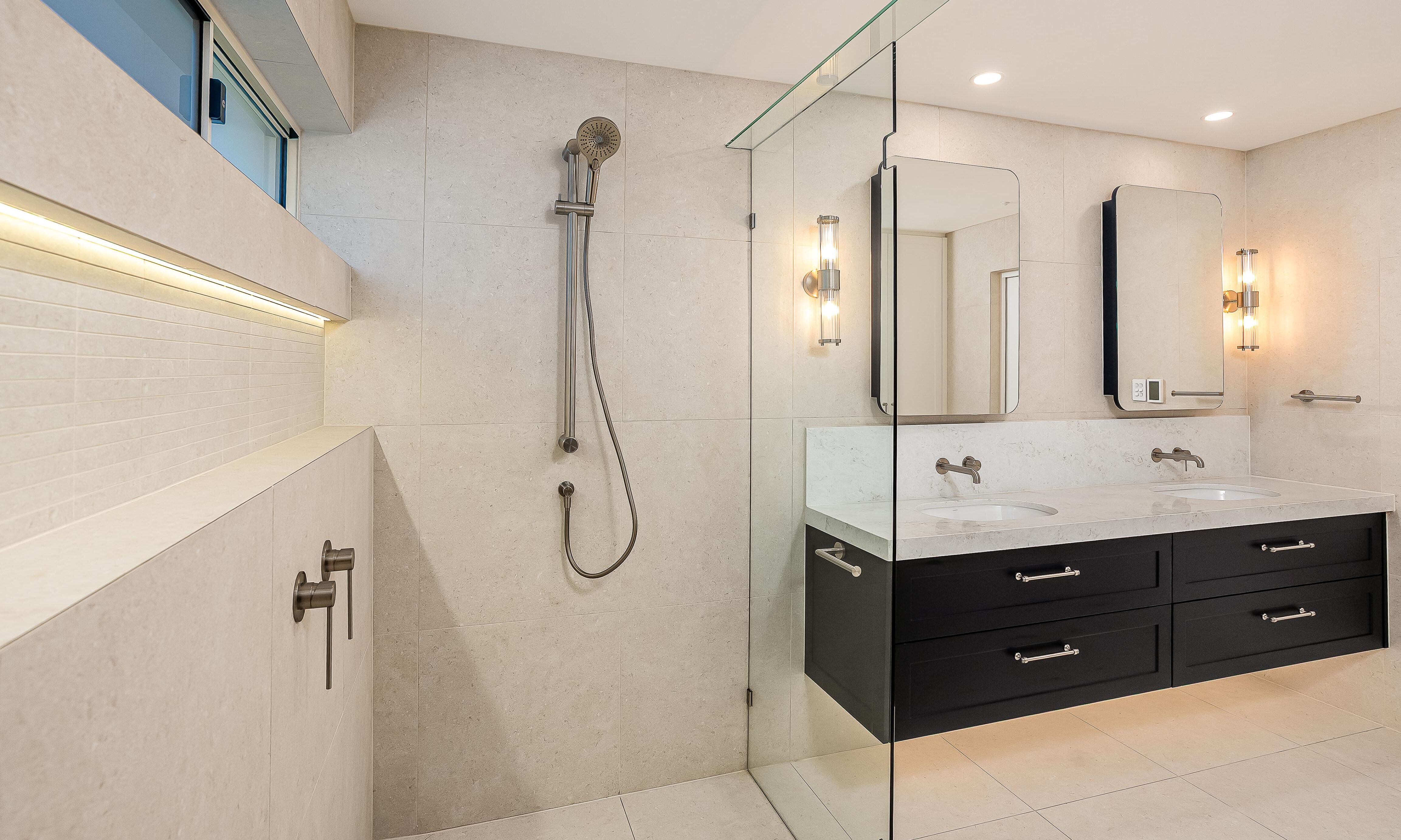 Beckenham Double Vanity, wall ligths, large shower, frameless glass