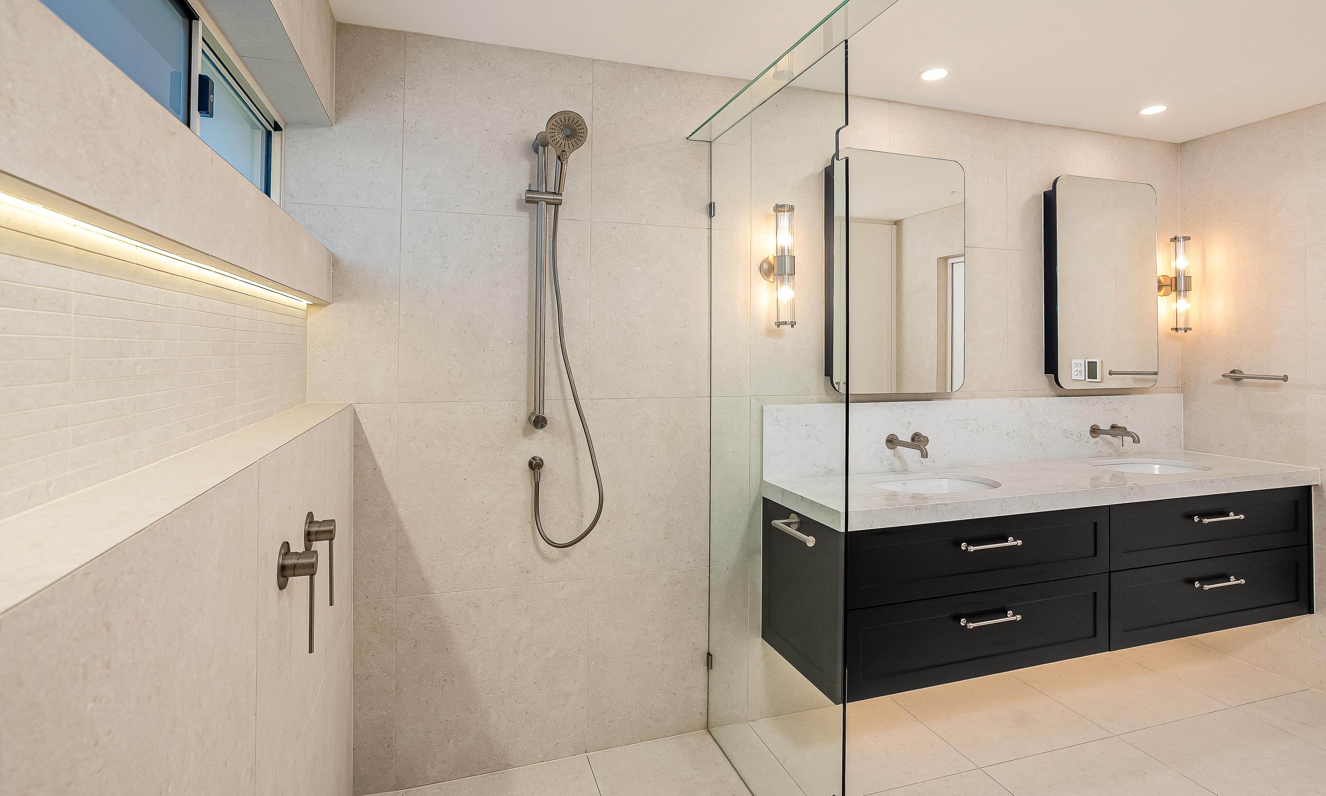 Beckenham Double Vanity, wall ligths, large shower, frameless glass