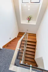 Timber Stairs-carpet-stainless steel handrail-glass balustrade